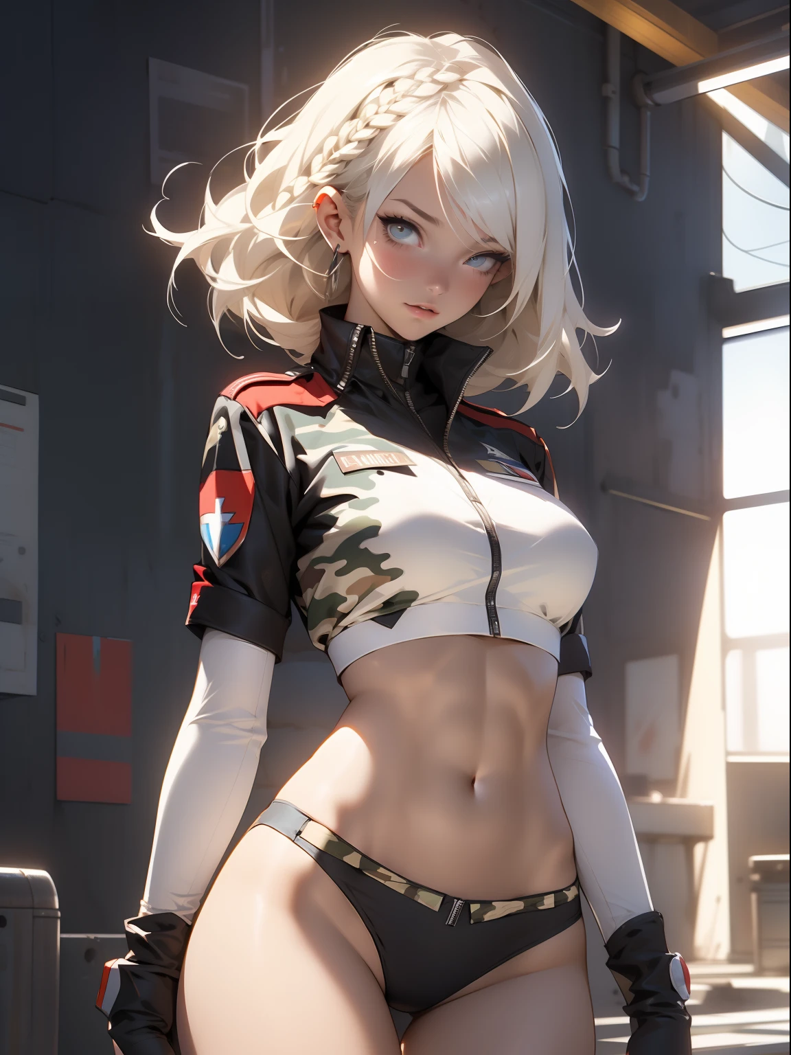 ((Best quality)), ((Masterpiece)), (Detailed: 1.4), (Absurde), A female fighter pilot ready for war in a military bikini, marin, dark skinned, Sculpted body defined, corps entier, Cuisses nues, mouth closed, Cyberpunk, half-naked, generous neckline, ((Perfect huge breasts)), (Yeux bleu clair super clairs sans pupilles), (((Bikini camouflage militaire)), (((cheveux blancs avec tresse)))), longs cils maquillage lourd, porte-jarretelles, jumeler beaucoup, niji --V5, close to real, psychopathe, visage parfait, sexy pose, Background with a giant Evangelion head, 2 piece clothes, cake, centered, scale to suit dimensions, Hdr (High Dynamic Range),Ray Tracing, NVIDIA RTX,Super-Resolution,Unreal 5,Dispersion souterraine, PBR Texture, Post-traitement, Filtrage anisotrope, profondeur de champ, Maximum Clarity and Sharpness, Textures multicouches, Albedo and specular maps, Ombrage de surface, Accurate Simulation of Light-Material Interaction, Proportions parfaites, Rendu octane, two tone lighting, Grande ouverture, ISO faible, Balance des blancs, Rule of Thirds, 8K RAW, Crysisnanosuit Bikini, thigh gap, belles hanches, Cowboy-shot