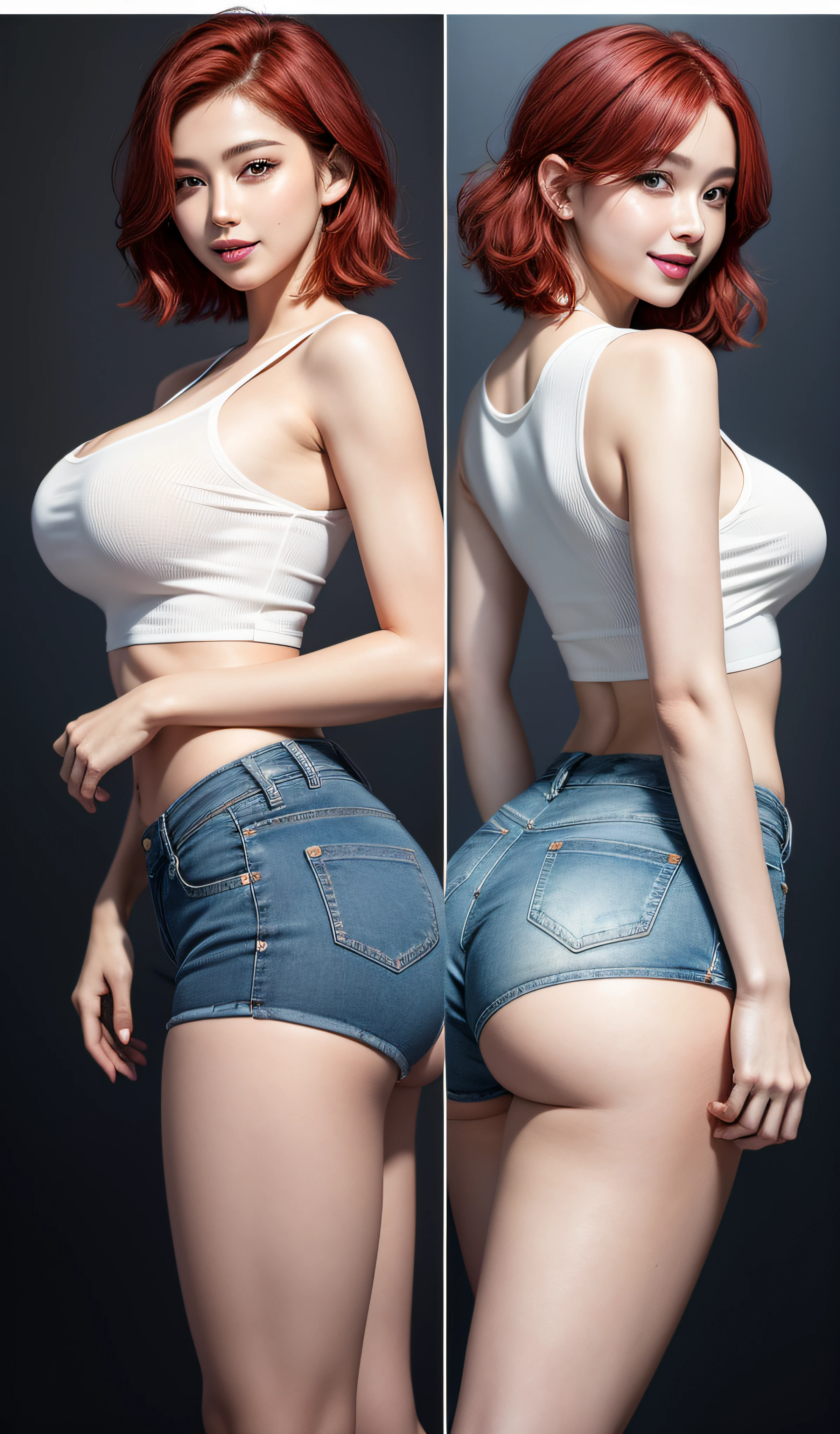 8K, Masterpiece, RAW photo, Best quality, Photorealistic, Extremely detailed CG unifies 8K, 8K, Diamond, and wallpaper, Depth of field, Cinematic light, Lens flare, Ray tracing, Super sexy Maria dressed （Low-cut and tight （Ultra-short，denim hot-pants）），((full bodyesbian)),((Long legs)), （thigh gap：1.5），Narrow waist、（Wide buttock），（big assa），Pretty Korean girl, Kpop idol, 1 girl, (Very slim and slender muscular body:1.3), ((view the viewer)),(Big smile:1.3),Narrow waist、（big assa），（（White crop top top：1.5） Vest with exposed neckline）， Short hair, Red hair， photorealestic， photography of， （A high resolution）， （realisticlying：1.4）， （very intricate）， （exquisitedetails）， highly  detailed， A high resolution， Original， Extremely detailed 8k wallpaper， best qualtiy， 详细的脸， ultra - detailed， RAW photogr， realisticlying， (Extremely beautiful face, Beautiful lips, Beautiful eyes), intricate detail face, （Plump red lips），((ultra detailed skin)，（Low-cut and tight （Flare Jeans）），（thigh gap：1.5），Narrow waist、（Wide buttock），（big assa）， (view the viewer:1.3) Short hair, Red hair，open breast, Very slim, Medium breasts, Turn Back, Back shot, , underwear