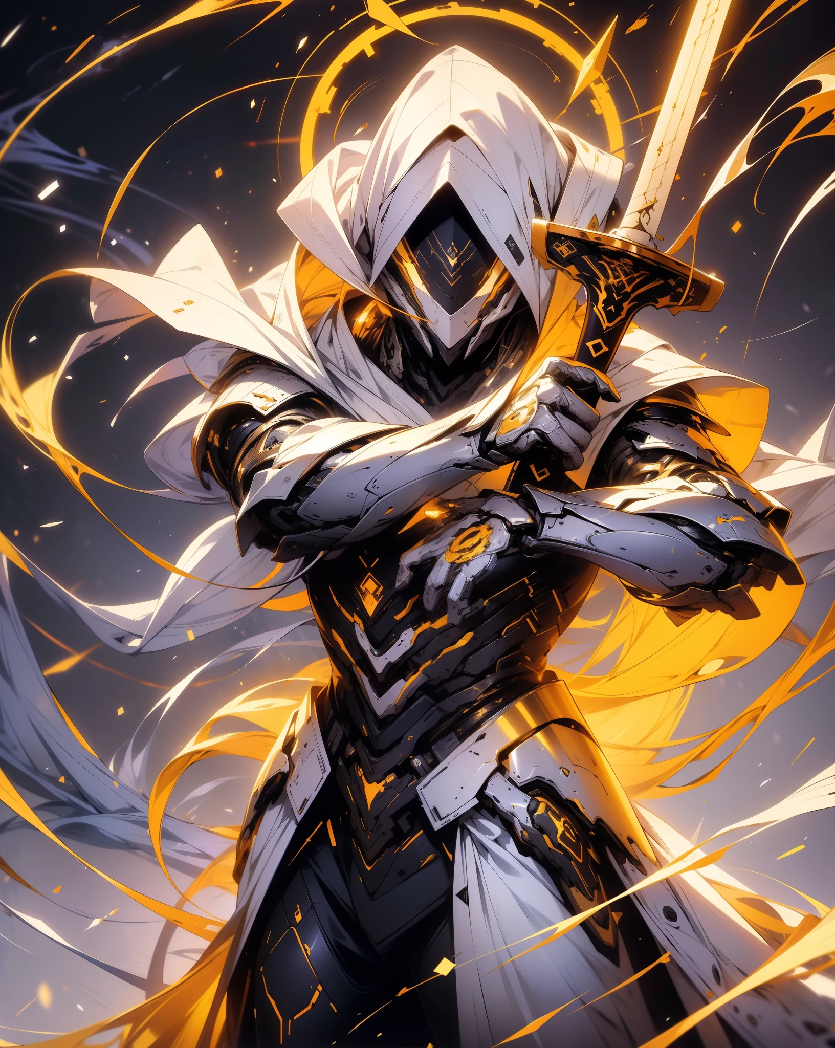 (absurdres, highres, ultra detailed), masterpiece, best quality, a boy in a white jacket, holding a sword, solo, handsome, short hair, white hair, detailed face, combat stance, attack pose, wielding sword pose, abstract background, swirl, spark, magic vortex