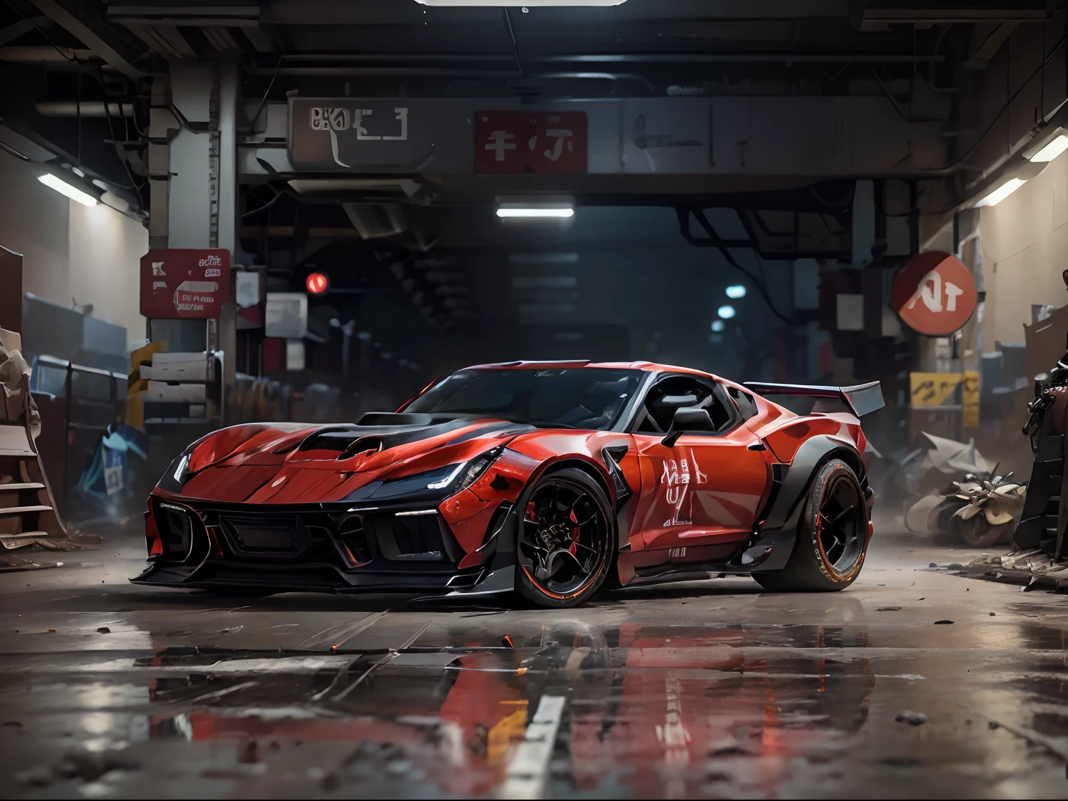 2019 Chevrolet Corvette , red car, two hidden machine guns in front bumper, racing in New York subway rail tracks, gritty lighting, action photo, solo, cowboy shot, zeekars