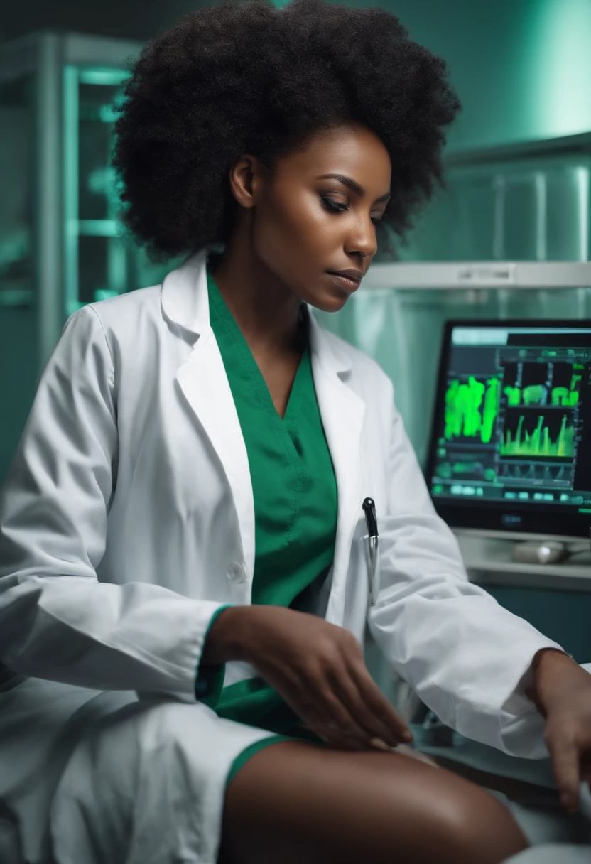 Black girl high medical with green eyes white coat in hospital operating on an exposed brain