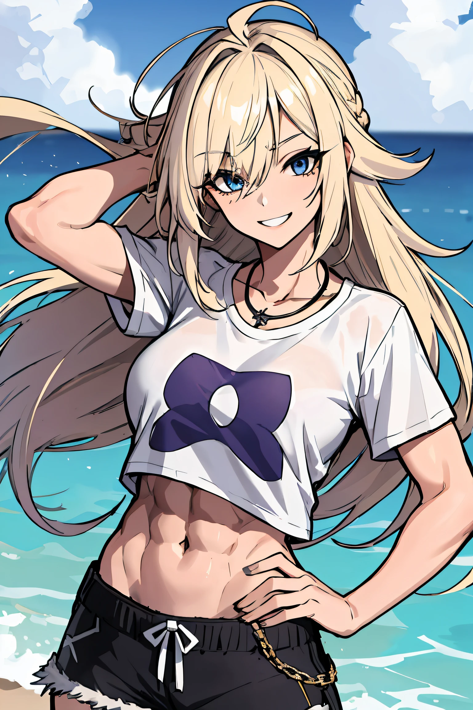 (absurdres, 8k, 4k, masterpiece, hyper extreme detailed:1.2), solo, 1girl, front view, perfect face, 1girl, portrait, expressive eyes, looking at viewer, solo, standing, Female, toned body, mature female, large breasts, pale, platinum blonde hair, dark blue eyes, swept bangs, athletic body, warrior, battle, wind, windy hair, moving hair, moving clothes, Shorts army, battle worn, scars, hand to hip, medals, necklace, purple ribbon, messy hair, smile, happy, heroic, hand on hip, perfect anatomy, messy hair, wild hair, big bust, friendly, heroism, justice, hope, blue sky, sun, platinum blonde hair, facial scars, streetwear, graphic t-shirt, medium length hair, streetwear, swept bangs, muscular, toned body, abs, side bangs, hair covering forehead, covered forehead, hair covering one eye, right bangs, graphic t-shirt, blonde hair,