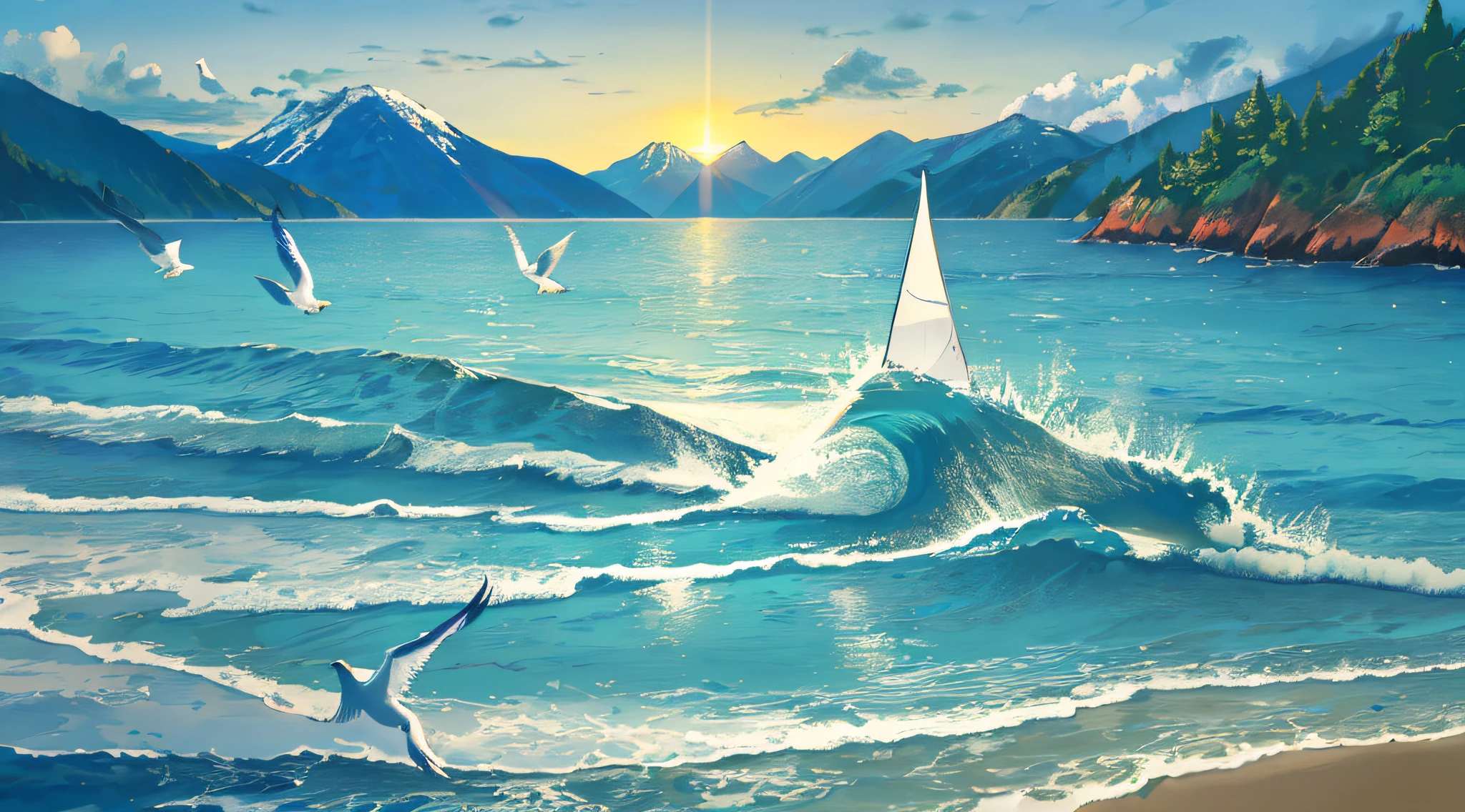 (best quality,4k,8k,highres,masterpiece:1.2),ultra-detailed),blue-sky,baiyun,Birds in the distance,the sea,Expansive picture,Faraway view,landscape,ocean waves,peaceful,tranquil,fresh air,serene atmosphere,soft sunlight,subtle breeze,sandy beach,seagulls flying,scenic beauty,endless horizon,vibrant colors,sky reflection on the sea surface,lush greenery,trees swaying,mountains in the background,splendid beauty of nature,harmony between land and sea,relaxing environment, full Background, no annoying character, get rid of the character, delete the character, kill the character, Background only, scenery only, extreme detail, close up, beach shores, not too far from camera, close to camera, close to camera beach shores, super close up, extremely super close up beach shores to camera, anime style