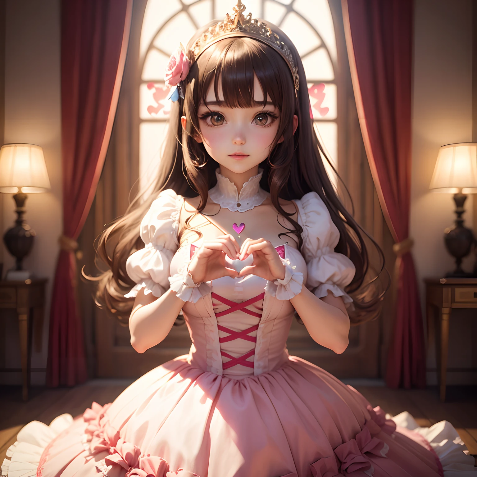 Cute anime girl In a palace wearing a beautiful dress while making a heart with a hands