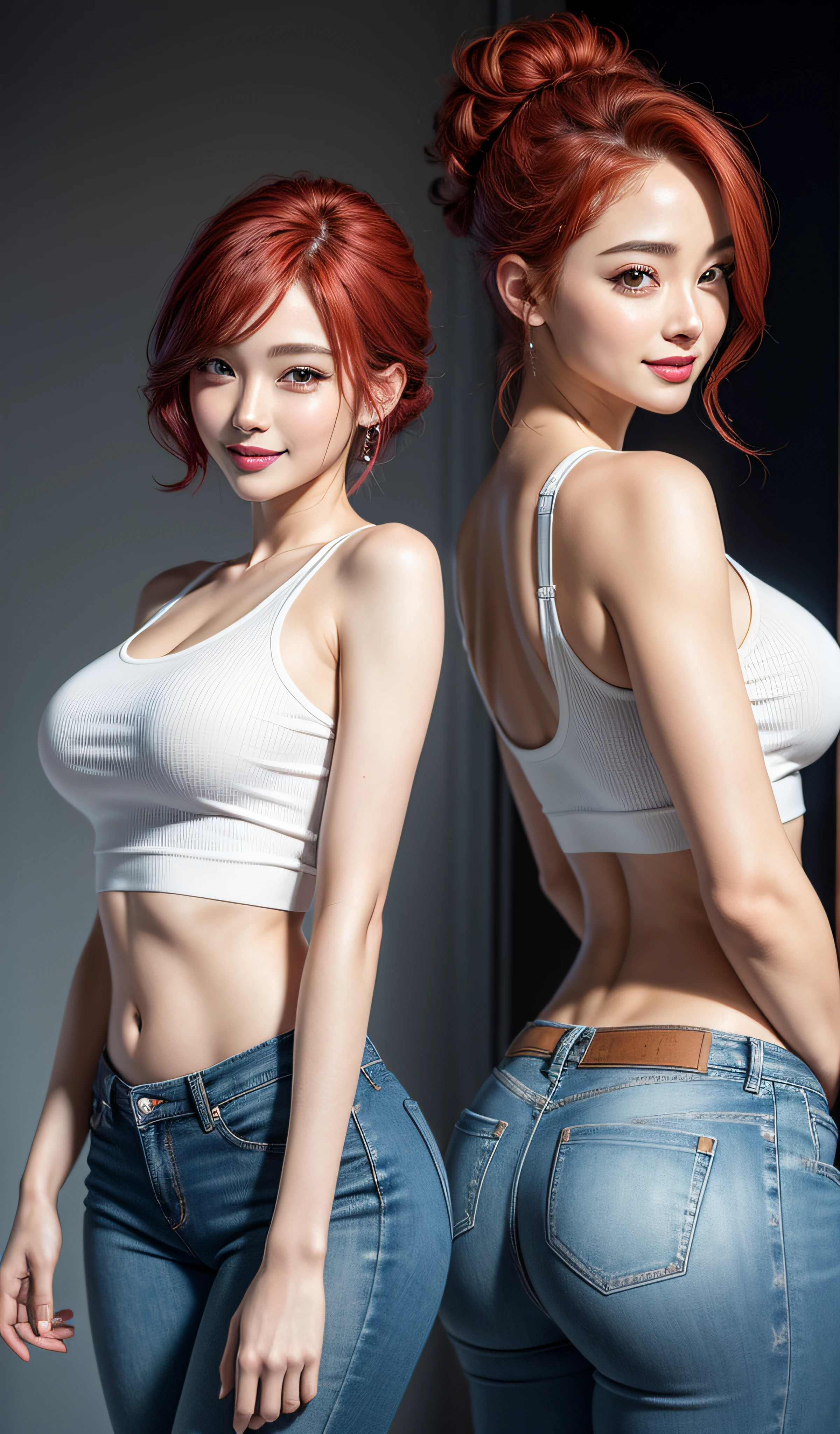8K, Masterpiece, RAW photo, Best quality, Photorealistic, Extremely detailed CG unifies 8K, 8K, Diamond, and wallpaper, Depth of field, Cinematic light, Lens flare, Ray tracing, Super sexy Maria dressed (Low-cut and tight (Ultra-short,denim hot-pants)),((full bodyesbian)),((Long legs)), (thigh gap:1.5),Narrow waist、(Wide buttock),(big assa),Pretty Korean girl, Kpop idol, 1 girl, (Very slim and slender muscular body:1.3), ((view the viewer)),(Big smile:1.3),Narrow waist、(big assa),((White crop top top:1.5) Vest with exposed neckline), Short hair, Red hair, photorealestic, photography of, (A high resolution), (realisticlying:1.4), (very intricate), (exquisitedetails), highly detailed, A high resolution, Original, Extremely detailed 8k wallpaper, best qualtiy, 详细的脸, ultra - detailed, RAW photogr, realisticlying, (Extremely beautiful face, Beautiful lips, Beautiful eyes), intricate detail face, (Plump red lips),((ultra detailed skin),(Low-cut and tight (Flare Jeans)),(thigh gap:1.5),Narrow waist、(Wide buttock),(big assa), (view the viewer:1.3) Short hair, Red hair,open breast, Very slim, Medium breasts, Turn Back, Back shot, , underwear