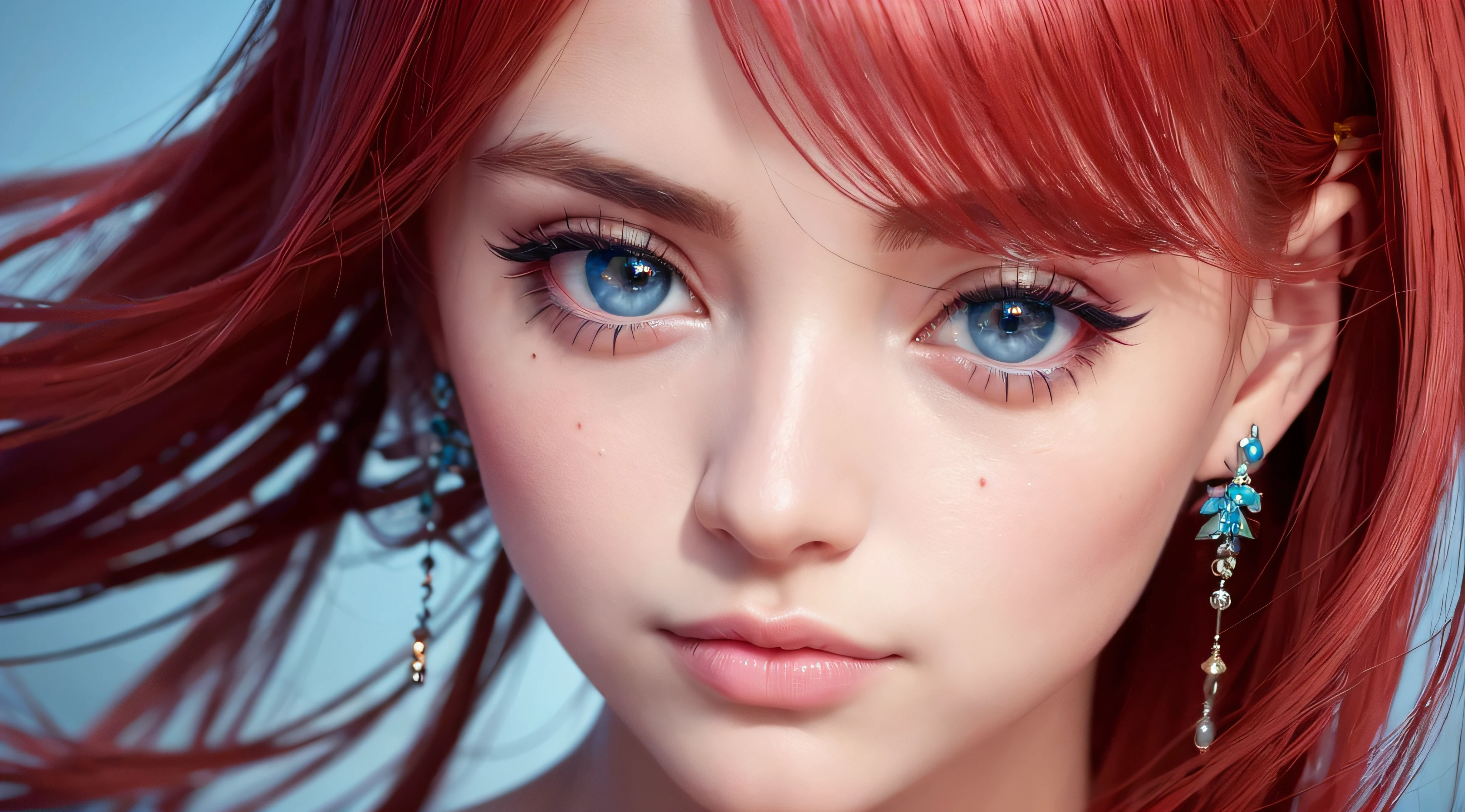 (8k, RAW photo, photorealistic)+ ,( lipgloss, eyelashes, gloss-face, glossy skin, best quality, ultra highres, A mesmerizing portrait of a beautiful girl with vibrant red locks, delicate fairy wings, and piercing blue eyes. Her stunning gaze is accentuated by long, fluttering eyelashes, exquisite makeup, and a stylish nose ring. Craft a detailed and realistic photograph that captures her enchanting allure, cinematic, intricate details, 4K, 8k, hd