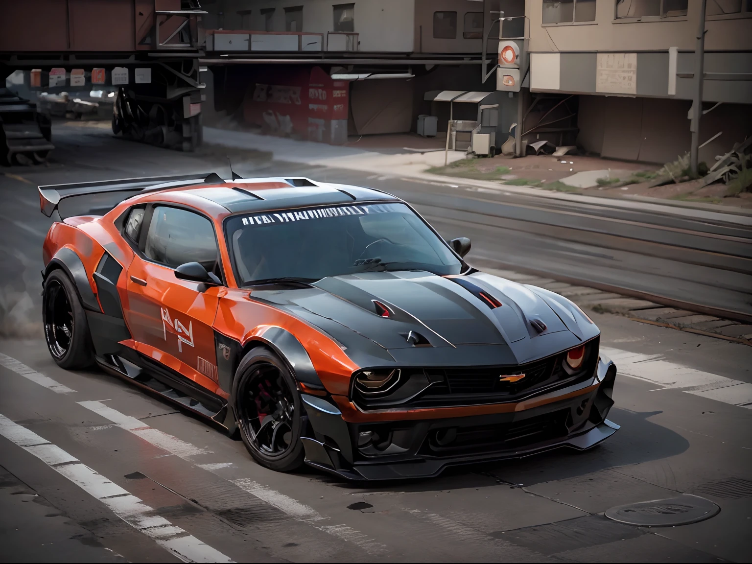 2015 Chevrolet Camaro, red car, two hidden machine guns in front bumper, racing in New York subway rail tracks, gritty lighting, action photo, solo, cowboy shot, zeekars
