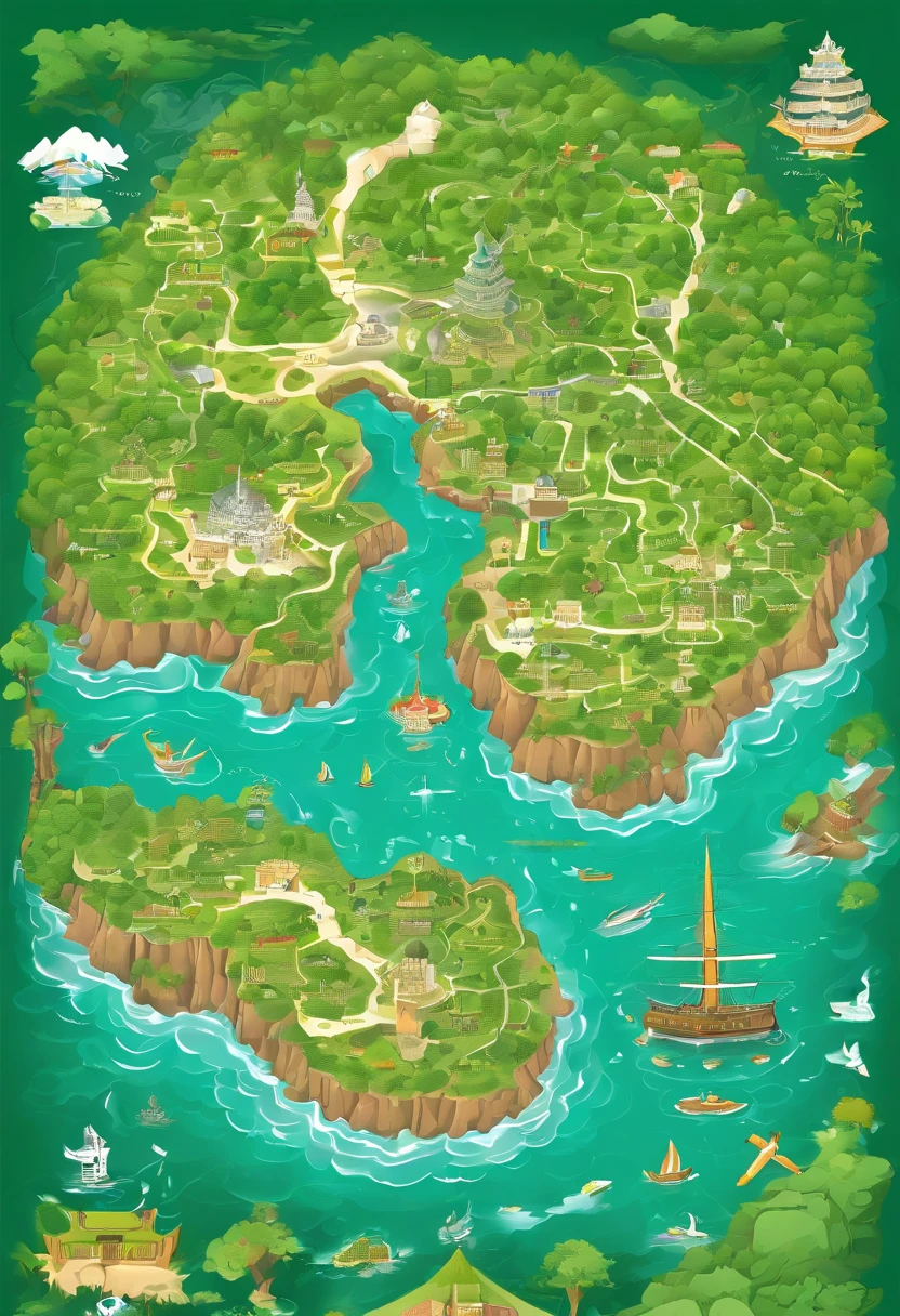Map of a green island treasure map,There are callouts,There is a compass,There are oceans and various resources,and nautical routes