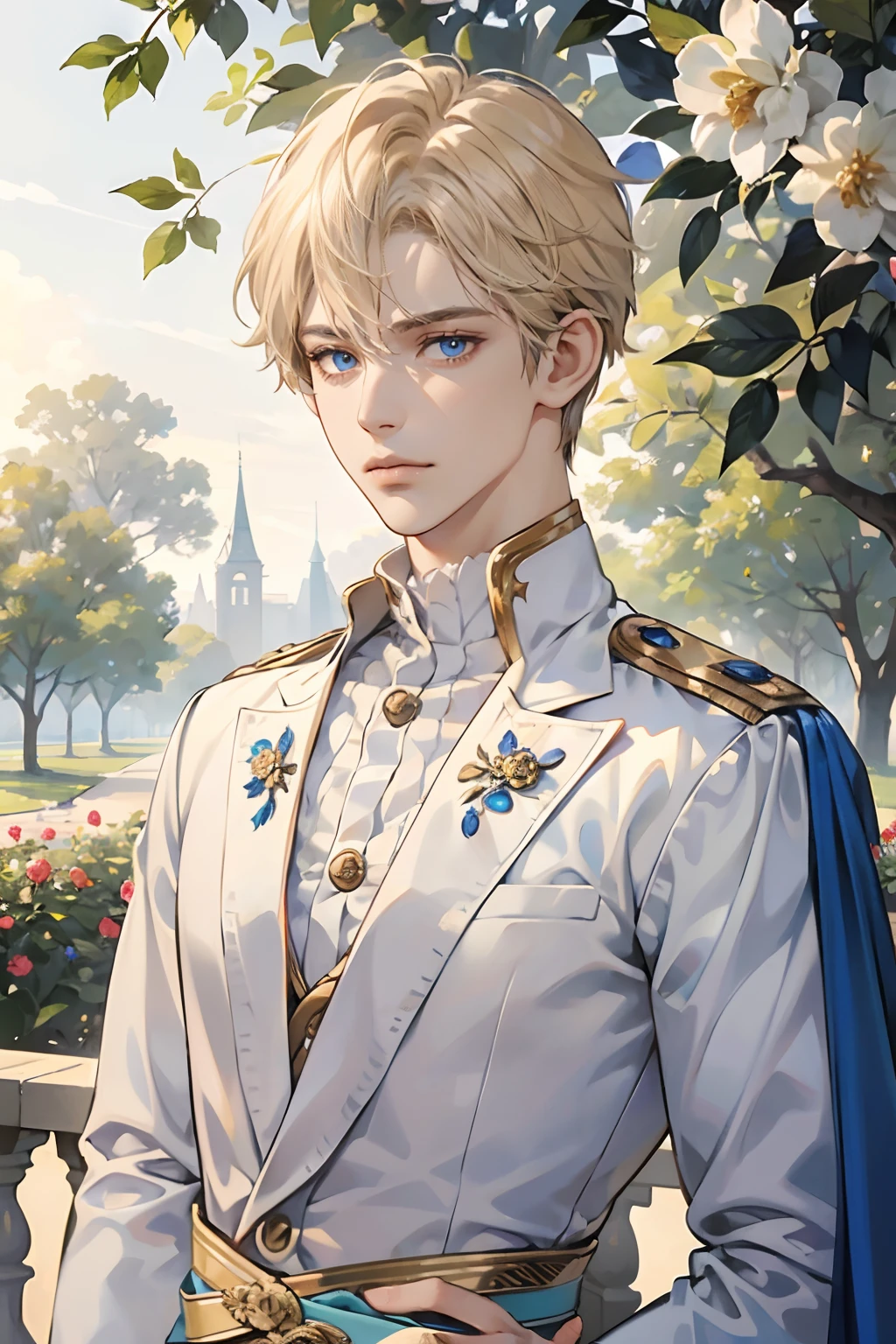 (tmasterpiece, high resolution, ultra - detailed:1.0), (1boy, adult male), Perfect male body,Eyes look at the camera, (prince:1.3), Delicate eyes and delicate face, Extremely detailed CG, Unity 8k wallpaper, Complicated details, solo person, Detailed face, (White royal costume, with short golden hair, Blue eyes, Sad expression), Outdoor, sonoko, Flowers and trees, marbled columns, color difference, Depth of field, dramatic shadow, Ray tracing, Best quality, Portrait