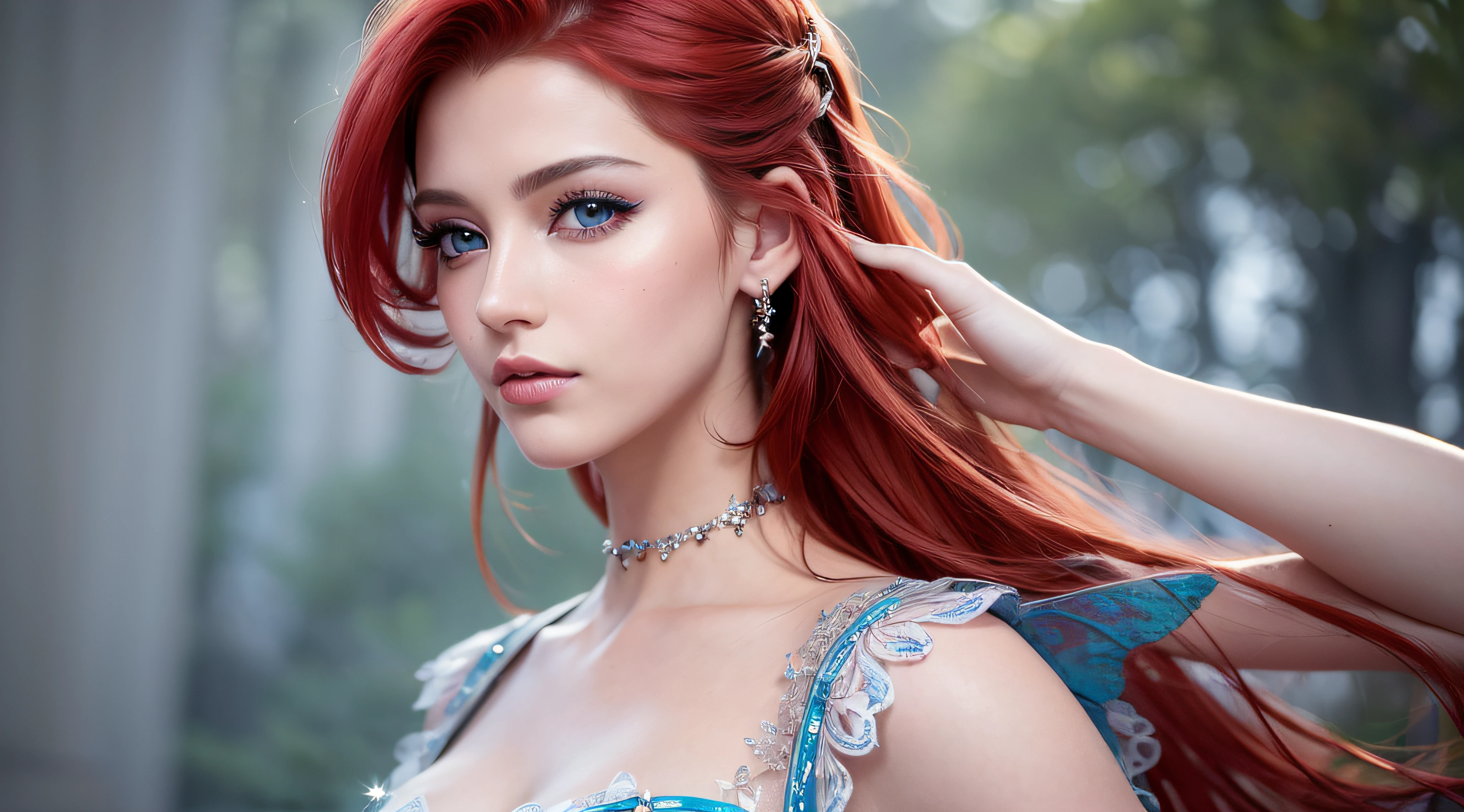 (8k, RAW photo, photorealistic)+ ,( lipgloss, eyelashes, gloss-face, glossy skin, best quality, ultra highres, A mesmerizing portrait of a beautiful girl with vibrant red locks, delicate fairy wings, and piercing blue eyes. Her stunning gaze is accentuated by long, fluttering eyelashes, exquisite makeup, and a stylish nose ring. Craft a detailed and realistic photograph that captures her enchanting allure, cinematic, intricate details, 4K, 8k, hd