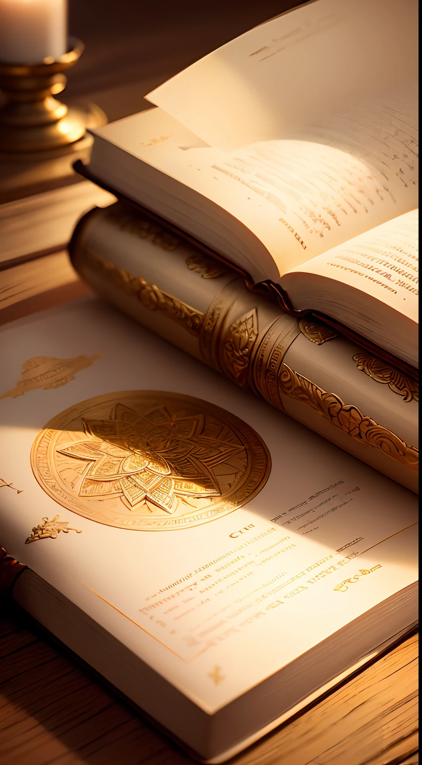 (Best Quality,High,Ultra-Detailed,Realistic:1.2),Open Golden Bible,Sacred,Religious,Detailed Pages,Engraved Cover,Soft Natural Light,Still Life Painting Style,Warm Color Palette,Serene Atmosphere,Light Candle side