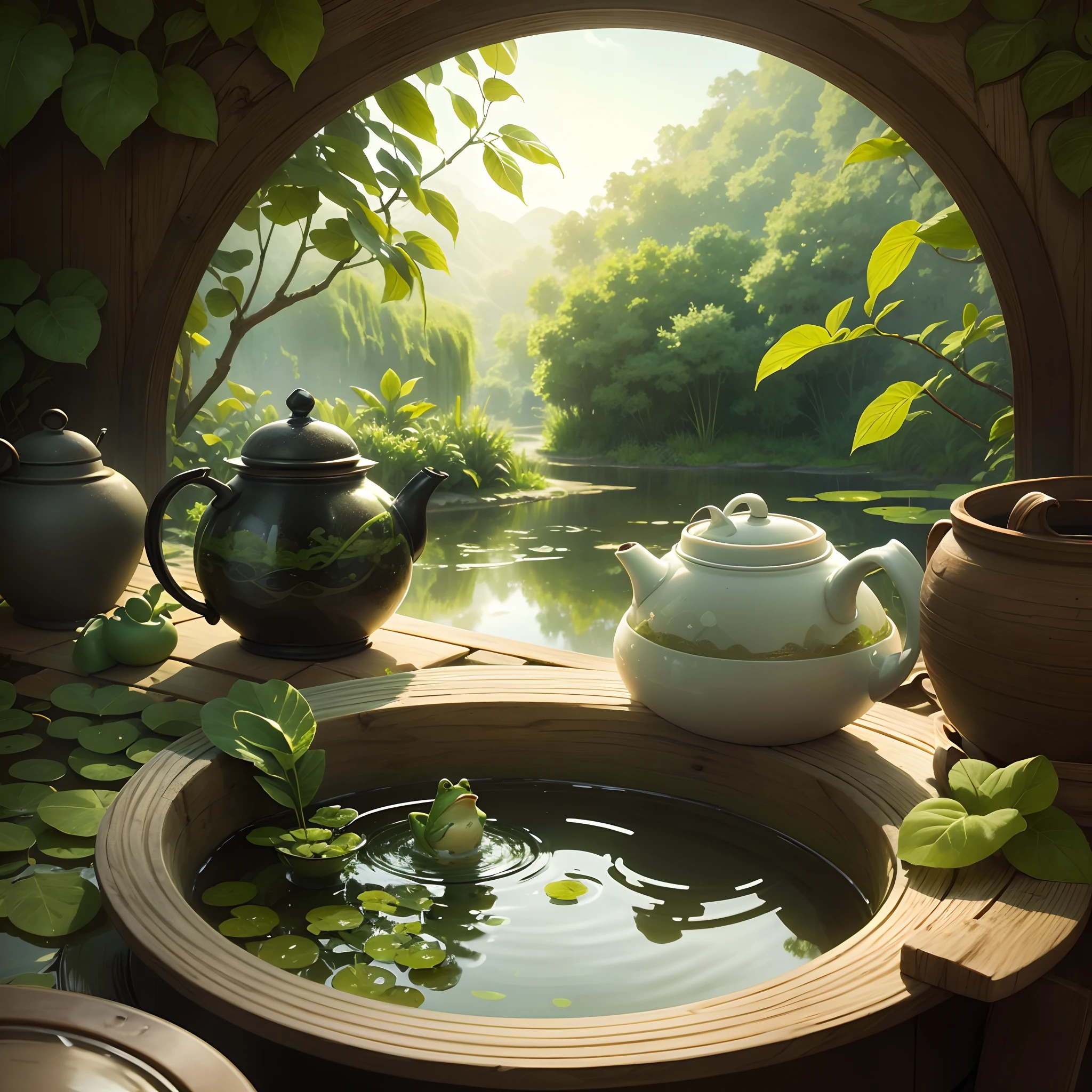 Illustration of a tea pot with a pond inside the cup, a frog sitting near the cup, there is vines all over the tea cup