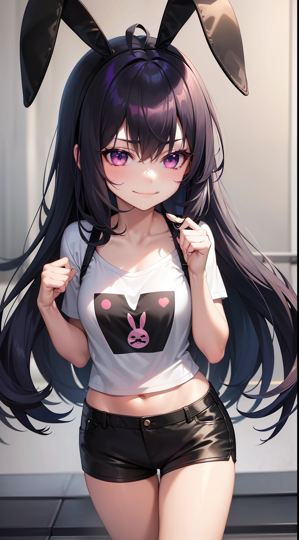 One girl, Black Hair, Twin tails, Very long hair, Bangs, Large Breasts, Blushing, Pink eyes, Slanted Eyes, Shy, I want to cry, Frowning, Pink ribbon, Young,Panty shot,Pink underwear