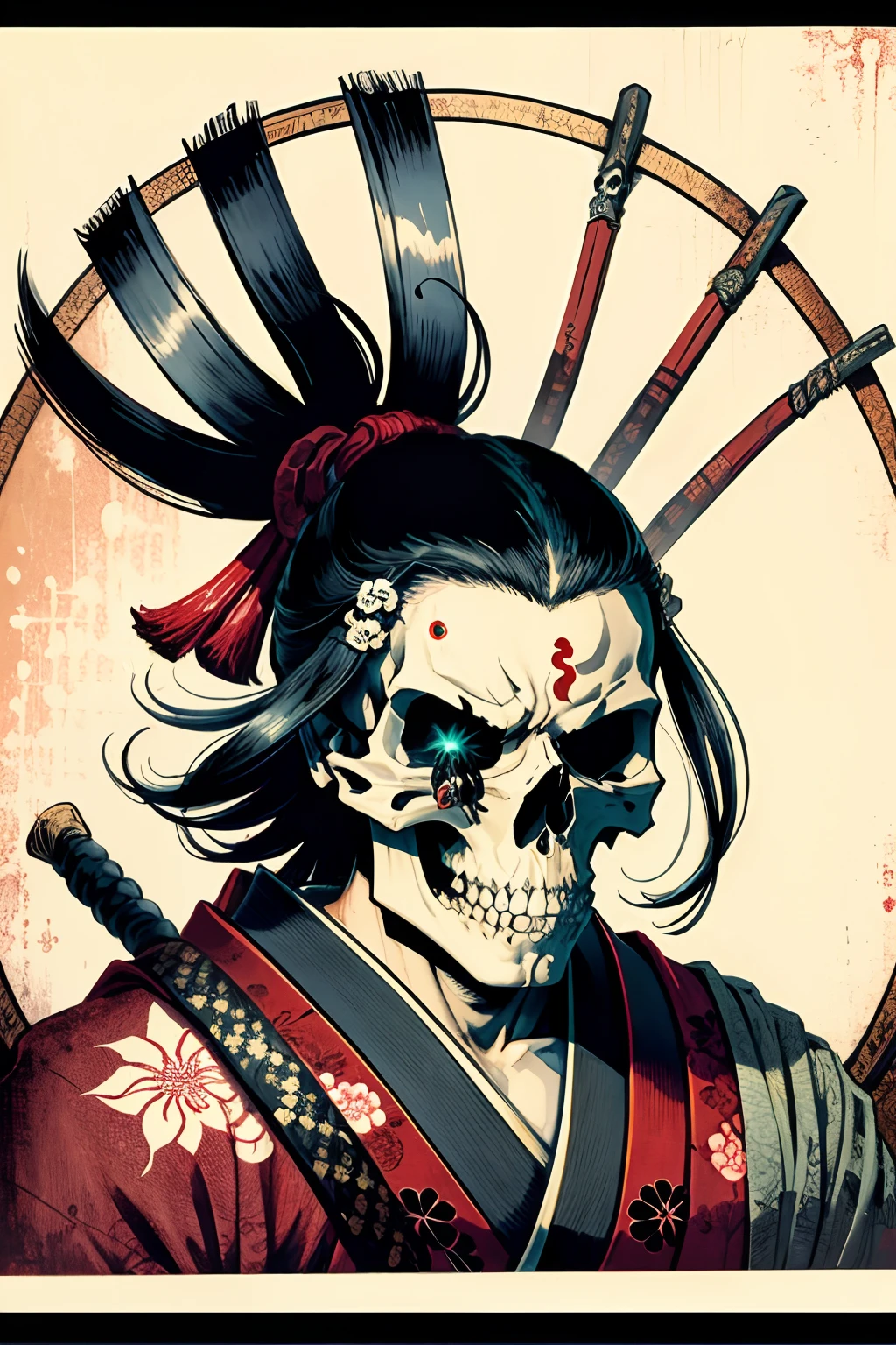 horor,samurais,skull,ukiyoe painting