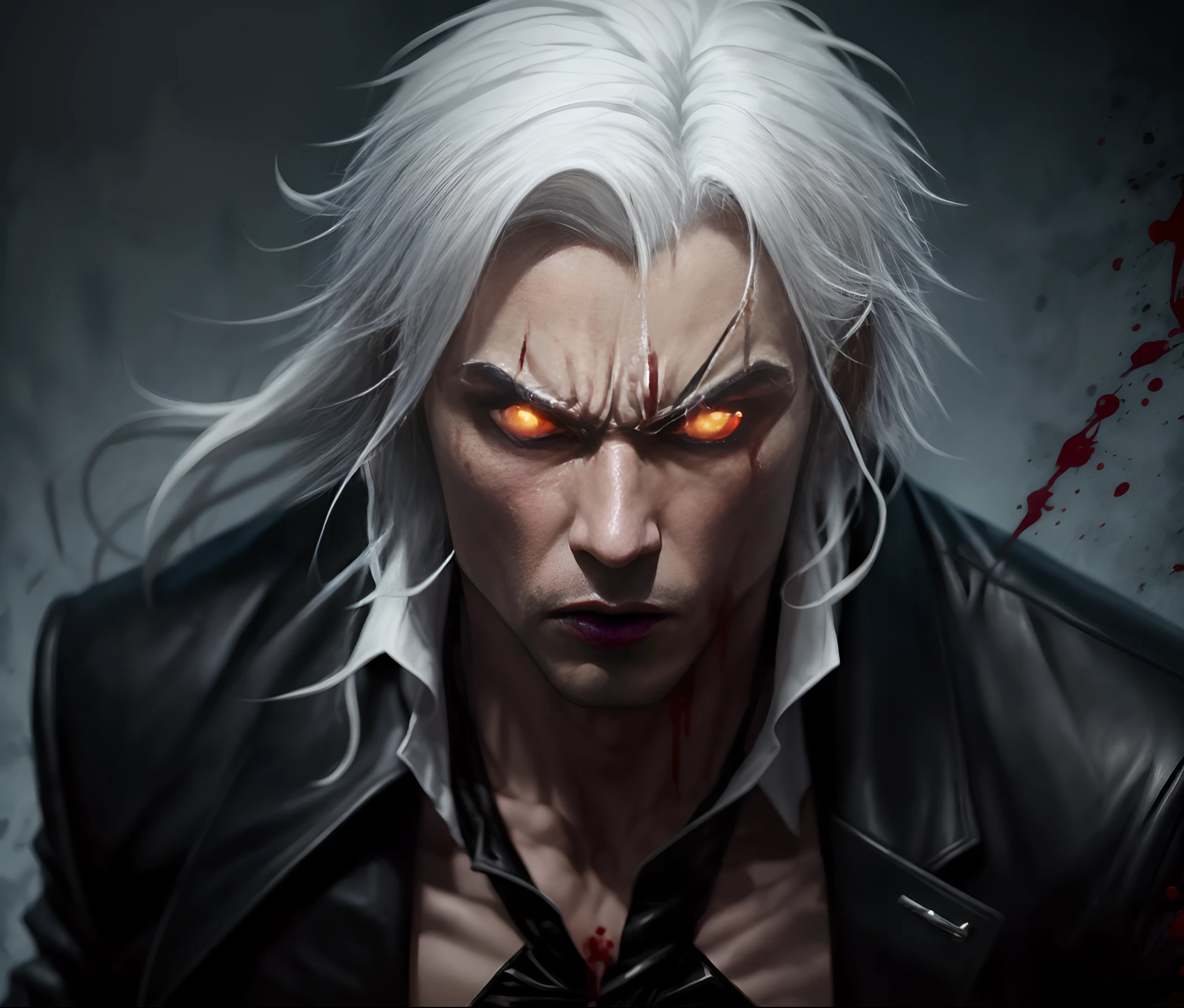 vampire men, slim, red eyes, white hair, blood in the mouth, angry look, black leather suit --auto --s2