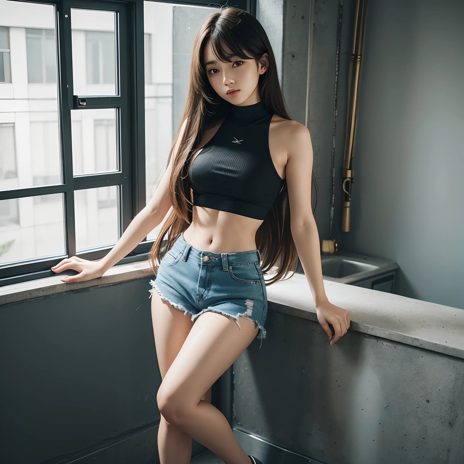 (1girl), solo, long hair, full body, crop top, fio germi