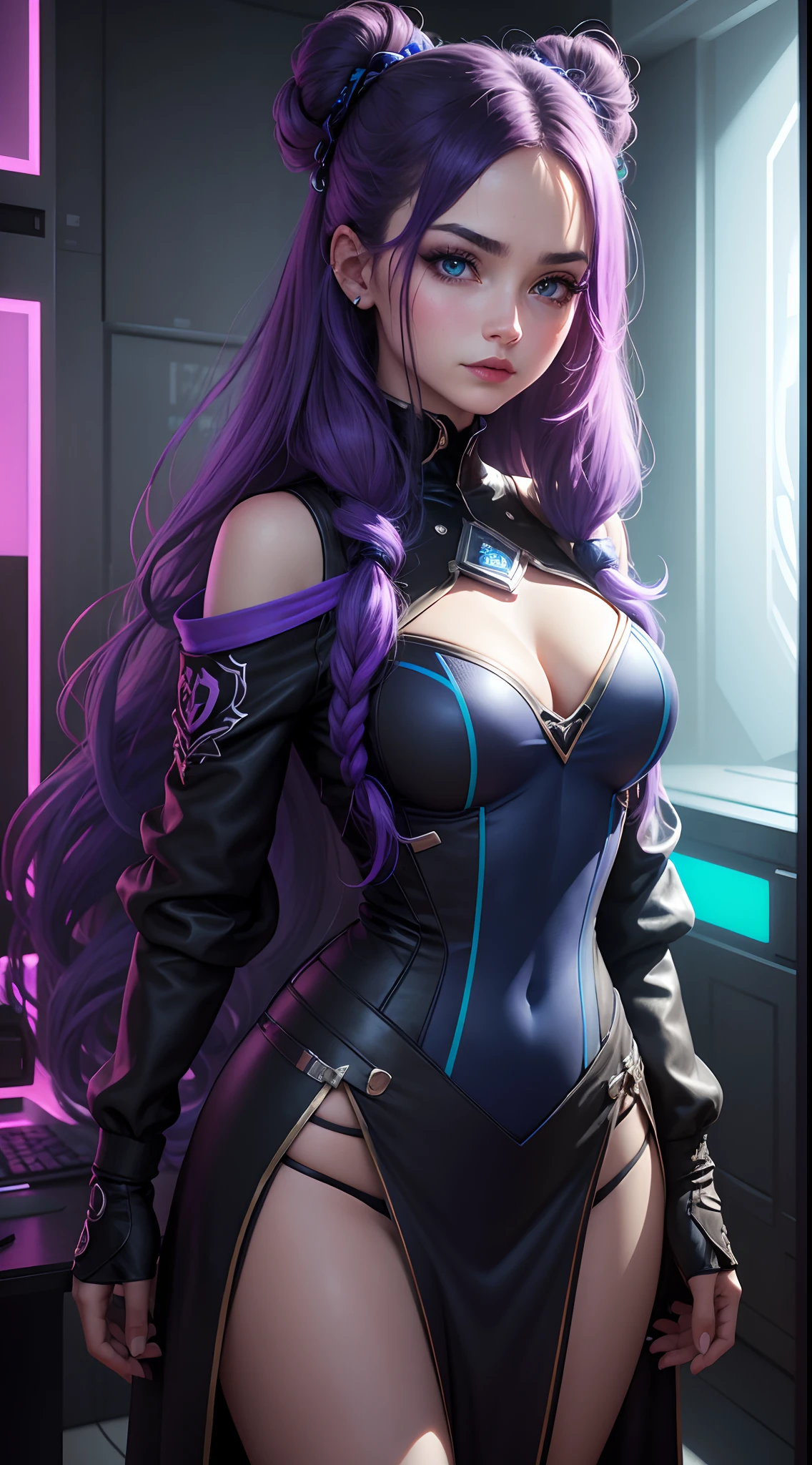 Create an extraordinary 8K masterpiece with the facial portrait of an 18-year-old anime girl. Ella posee llamativos ojos azules y largos, Cabello morado lavanda claro de dos tonos. Her overall appearance exudes a gamer girl aesthetic, and is dressed in a stylish blue outfit. Place the character inside a room bathed entirely in bright purple neon lights, creando un ambiente inspirado en el cyberpunk. The entire room should be illuminated with neon purple light, No visible room details, excepto por el brillo vibrante. This setting creates a blurred background effect that enhances the overall environment. El maquillaje del personaje debe ser meticulosamente elaborado, with impeccable red lipstick, lashes, y ojos ultra detallados. Pay special attention to the ultra-detailed face, labios, and the unique hair intakes that make it distinctive. Her very long hair should be a prominent feature in this portrait...., Enhanced by cinematic lighting to accentuate its eye-catching features. Add a touch of mystique to the artwork by including an ancient scroll with the words 'ME♡XO' written on it, Held or prominently displayed within the composition. Este pergamino debe ser un elemento clave del retrato. Los ojos del personaje deben emitir un brillo azul cautivador, alinearse perfectamente con el tema gamer. El resultado final debe ser una verdadera obra maestra, enfatizando detalles sorprendentes en este retrato facial 8K. It must capture the essence of a unique and stern anime player girl while focusing solely on her face...., with the entire room illuminated by neon purple light. 8k, 。...............................3D, realista, Ultra Micro Photography, of the highest quality, Super detalle CG Unity 8k,Cara perfecta