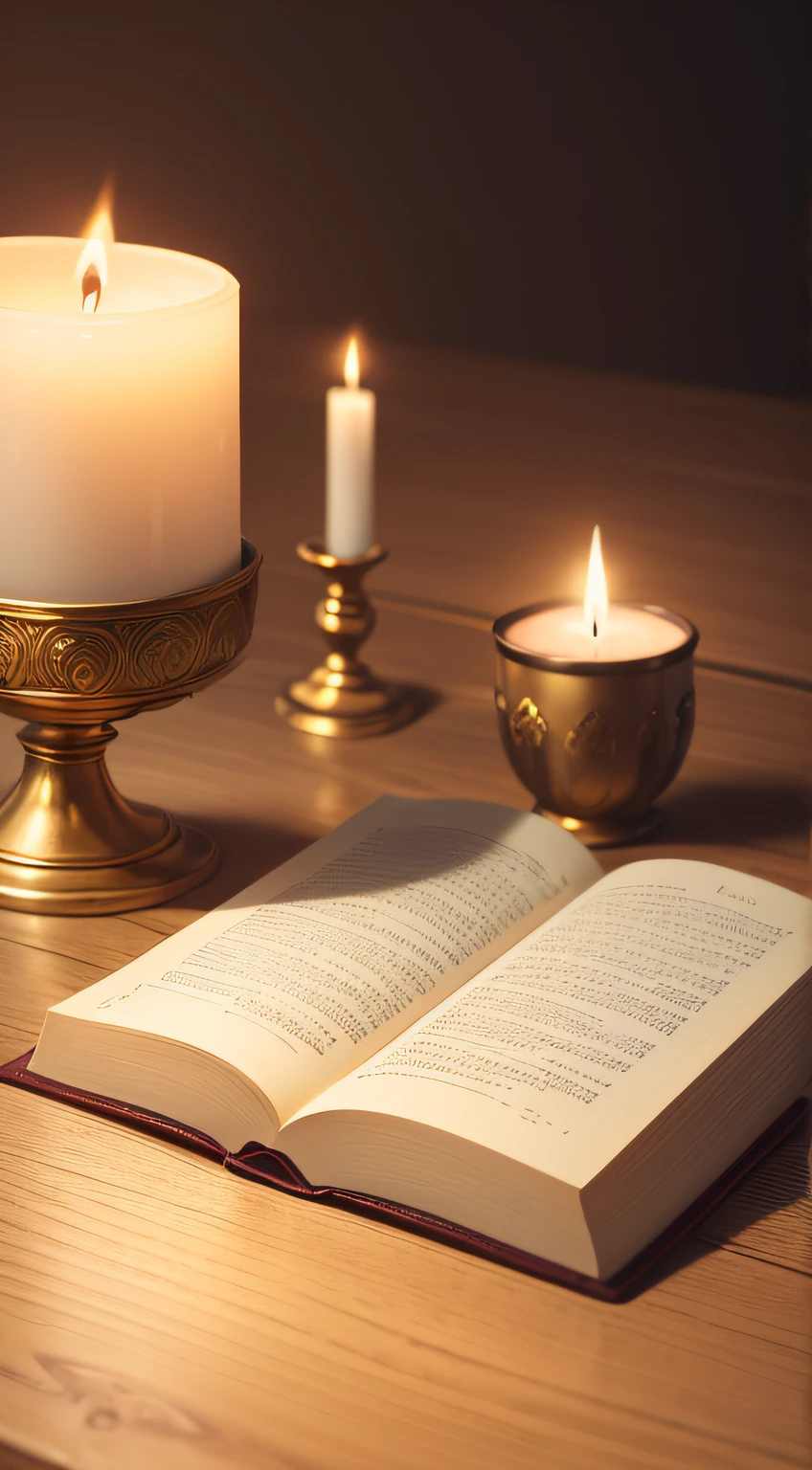 (Best Quality,High,Ultra-Detailed,Realistic:1.2),Open Golden Bible,Sacred,Religious,Detailed Pages,Engraved Cover,Soft Natural Light,Still Life Painting Style,Warm Color Palette,Serene Atmosphere,Light Candle side