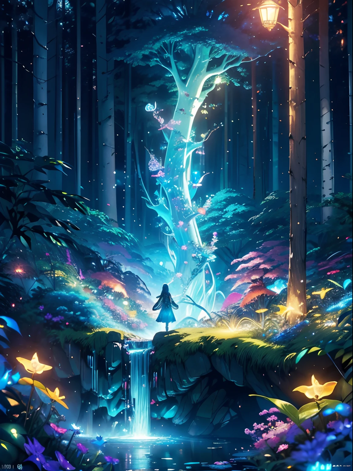 Charming mysterious forest, Neon butterfly, Pure Blue River Fountain, Mini Golden Fairy, Fluorescent mushrooms emit pollen., Very beautiful landscape., (ultra realistic), {Very detailed 8k CG unit wallpaper}, expansive landscape photography, (Low perspective that prioritizes the entire scene, (Open Field View), (Low angle shot), (High Light: 1.5), (low light: 1.0), (Warm light source: 1.0), intricate detailed, (iridescent colors: 1.5), (bright lighting), (atmospheric lighting), natural, superb, scenary