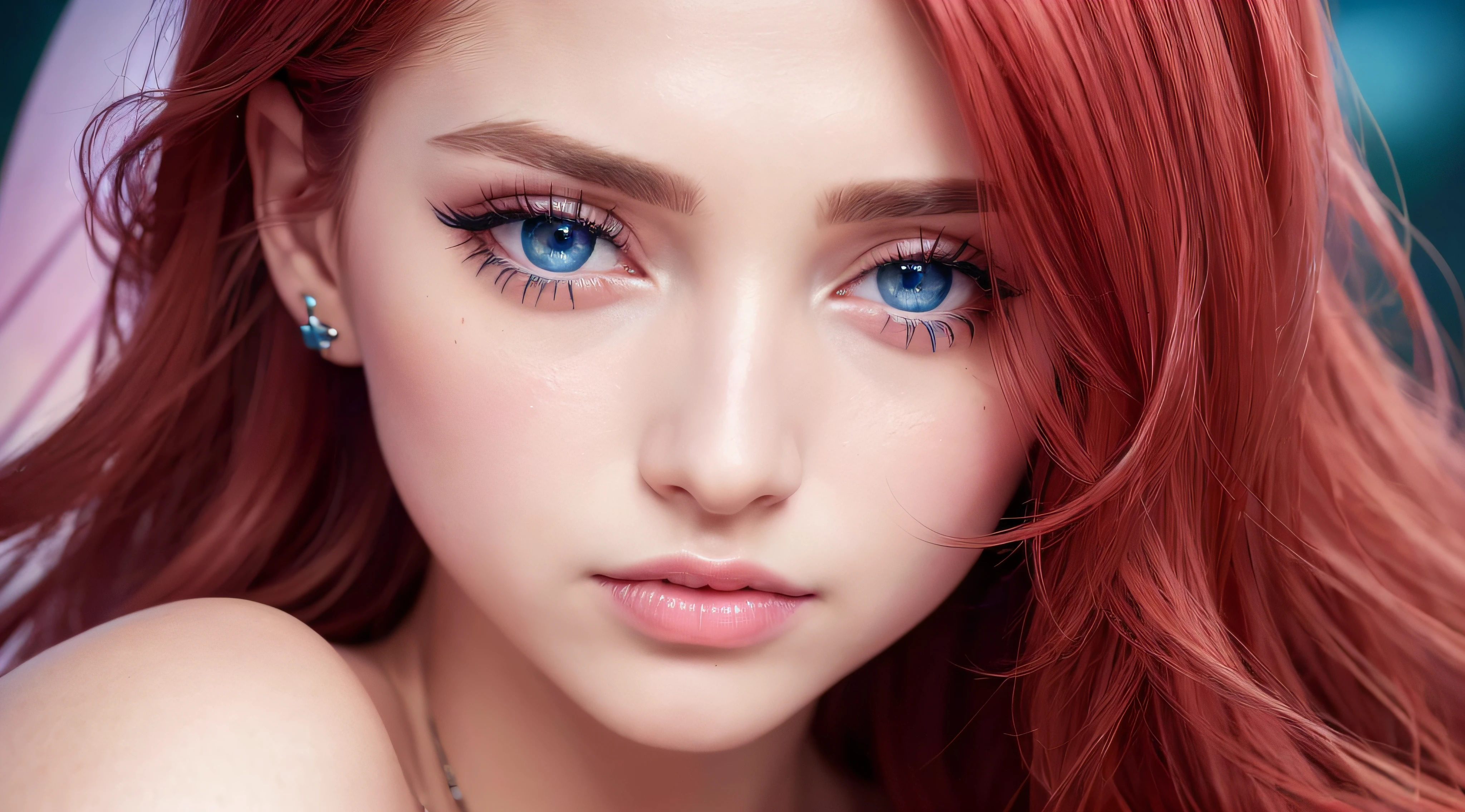 (8k, RAW photo, photorealistic)+ ,( lipgloss, eyelashes, gloss-face, glossy skin, best quality, ultra highres, A mesmerizing portrait of a beautiful girl with vibrant red locks, delicate fairy wings, and piercing blue eyes. Her stunning gaze is accentuated by long, fluttering eyelashes, exquisite makeup, and a stylish nose ring. Craft a detailed and realistic photograph that captures her enchanting allure, cinematic, intricate details, 4K, 8k, hd