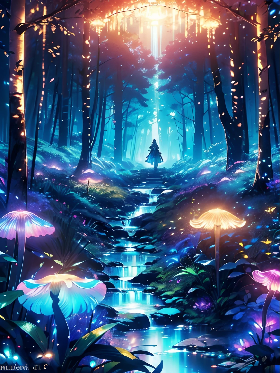 Charming mysterious forest, Neon butterfly, Pure Blue River Fountain, Mini Golden Fairy, Fluorescent mushrooms emit pollen., Very beautiful landscape., (ultra realistic), {Very detailed 8k CG unit wallpaper}, expansive landscape photography, (Low perspective that prioritizes the entire scene, (Open Field View), (Low angle shot), (High Light: 1.5), (low light: 1.0), (Warm light source: 1.0), intricate detailed, (iridescent colors: 1.5), (bright lighting), (atmospheric lighting), natural, superb, scenary