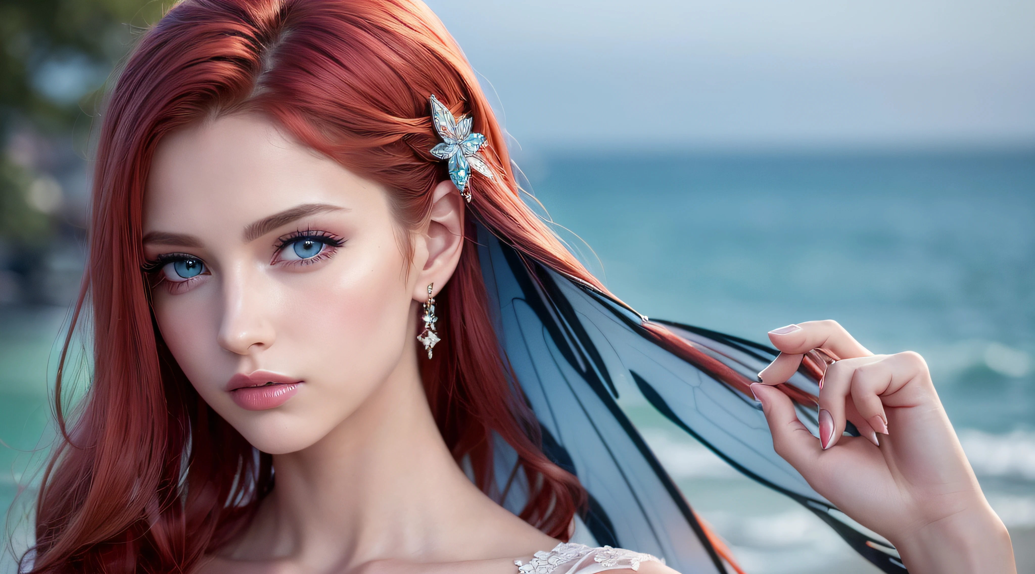 (8k, RAW photo, photorealistic)+ ,( lipgloss, eyelashes, gloss-face, glossy skin, best quality, ultra highres, A mesmerizing portrait of a beautiful girl with vibrant red locks, delicate fairy wings, and piercing blue eyes. Her stunning gaze is accentuated by long, fluttering eyelashes, exquisite makeup, and a stylish nose ring. Craft a detailed and realistic photograph that captures her enchanting allure, cinematic, intricate details, 4K, 8k, hd