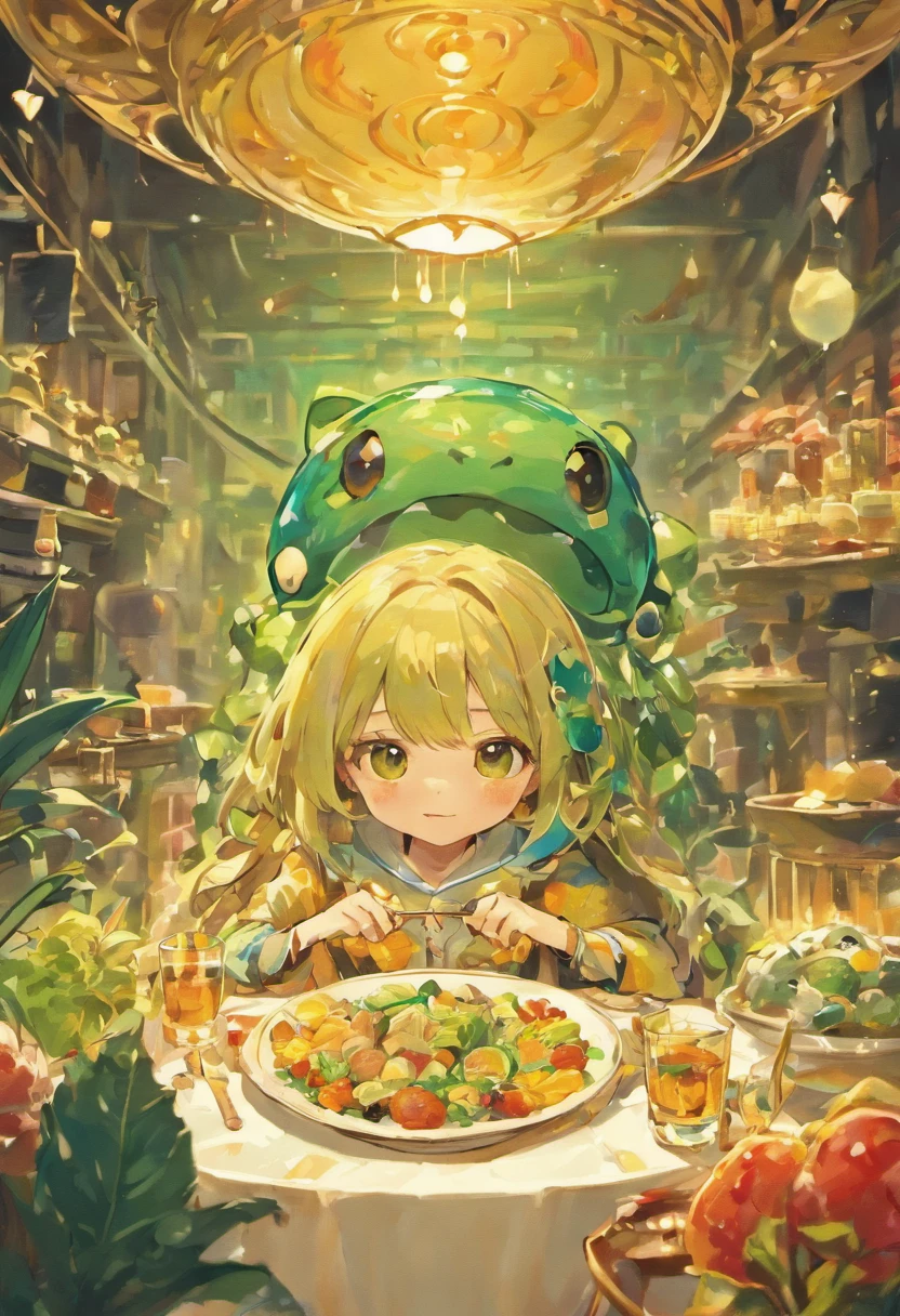 there is a frog sitting on a plate with a bowl of water, painting of an undercover cup, full color illustration, higher detailed illustration, amazing food illustration, high detailed illustration, artistic illustration, highly detailed illustration, frog themed, stylized digital illustration, a beautiful artwork illustration, vincent callebaut composition, graphic of enchanted terrarium, tea cup, surreal tea party