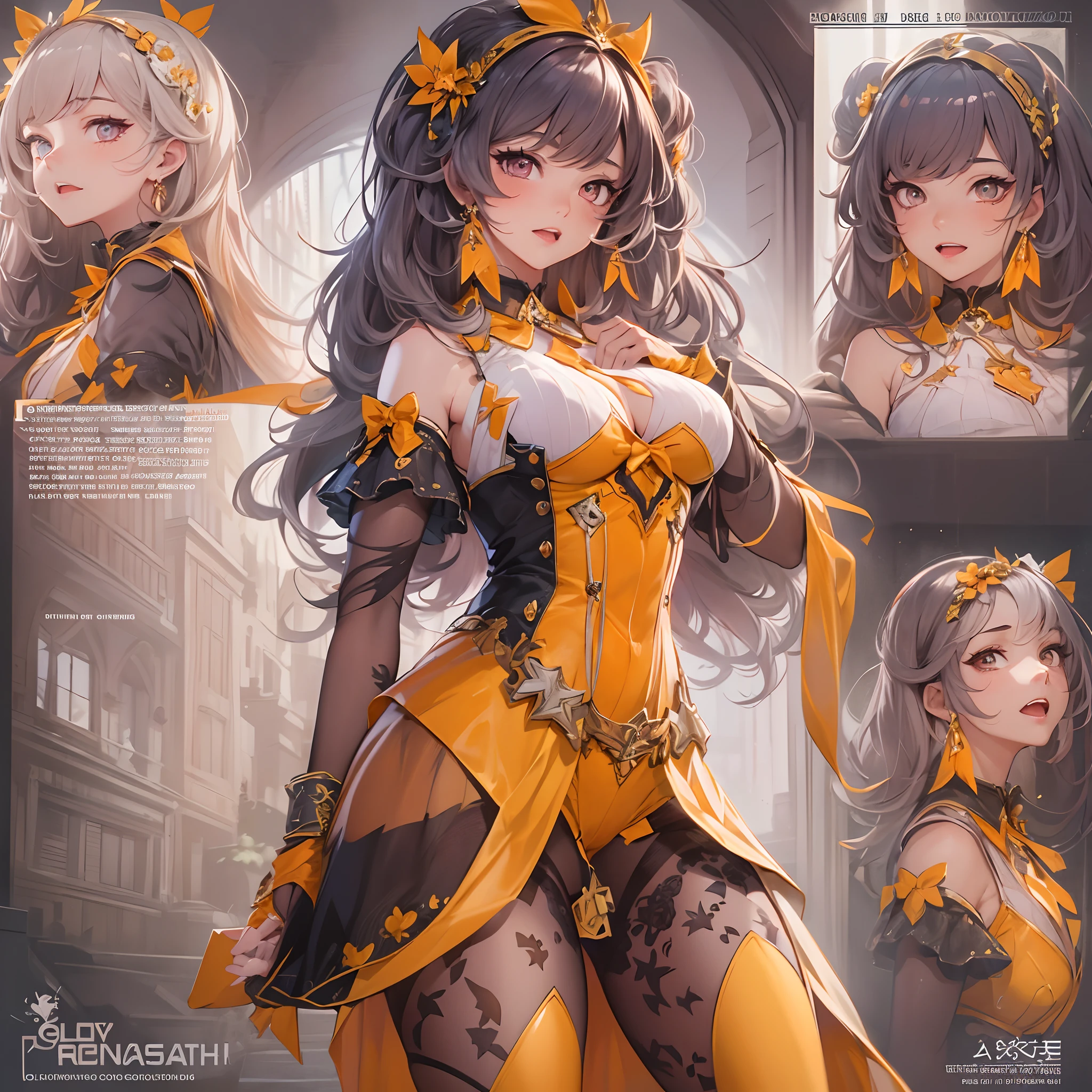 ((Masterpiece, Highest quality)), Detailed face, CharacterDesignSheet, full bodyesbian, Full of details, Multiple poses and expressions, Highly detailed, Depth, Many parts,beuaty girl,Detailed eyes, ssee-through,Orange caramel,lacepantyhose,estilo fantasia,Extremely beautiful,High Balance, Natural light