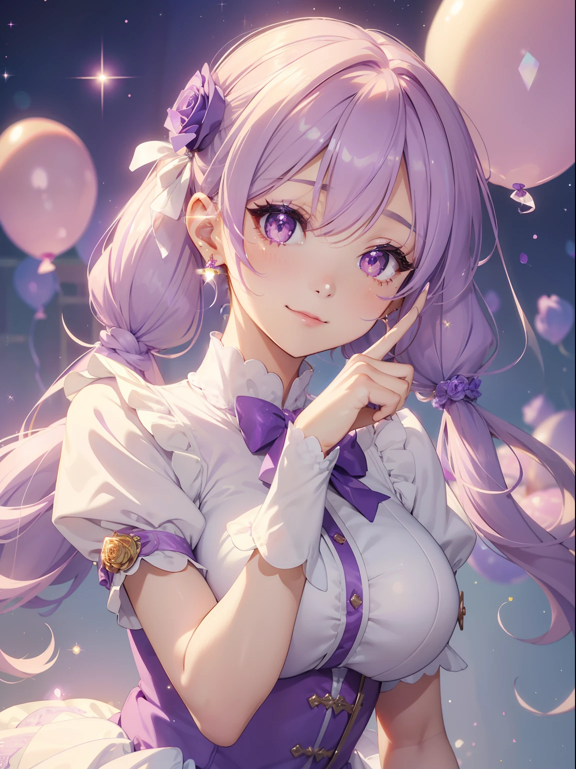masutepiece, High resolution, 8K, anime woman, Delicate and detailed writing 、Detailed digital illustration、(((Straight pigtail)))、Shiny hair、Bangs、a very beautiful woman、Eyes are double, Large, (((Bust is an A cup)))、High image quality, High quality、Detailed background、(((Cute uniform in white and lilac color)))、The inside of the eye shines like a diamond、Light purple hair、Gradient pupil、(((2 arms、4 fingers, 1 thumb)))、Detailed female face、Very beautiful and cute woman、、细致背景、​masterpiece、Soft Focus , Bright gradient watercolor , Lens Flare , (((Glitter))) , Glow , Dreamy , Light Purple Ribbon、(((Very Beautiful Light Purple Rose Hair Accessories)))、Light purple and gold uniform with white as the main color、Big smile、rainbows、(((princess dress)))、Happy Balloon、The background is a beautiful sky and a beautiful castle