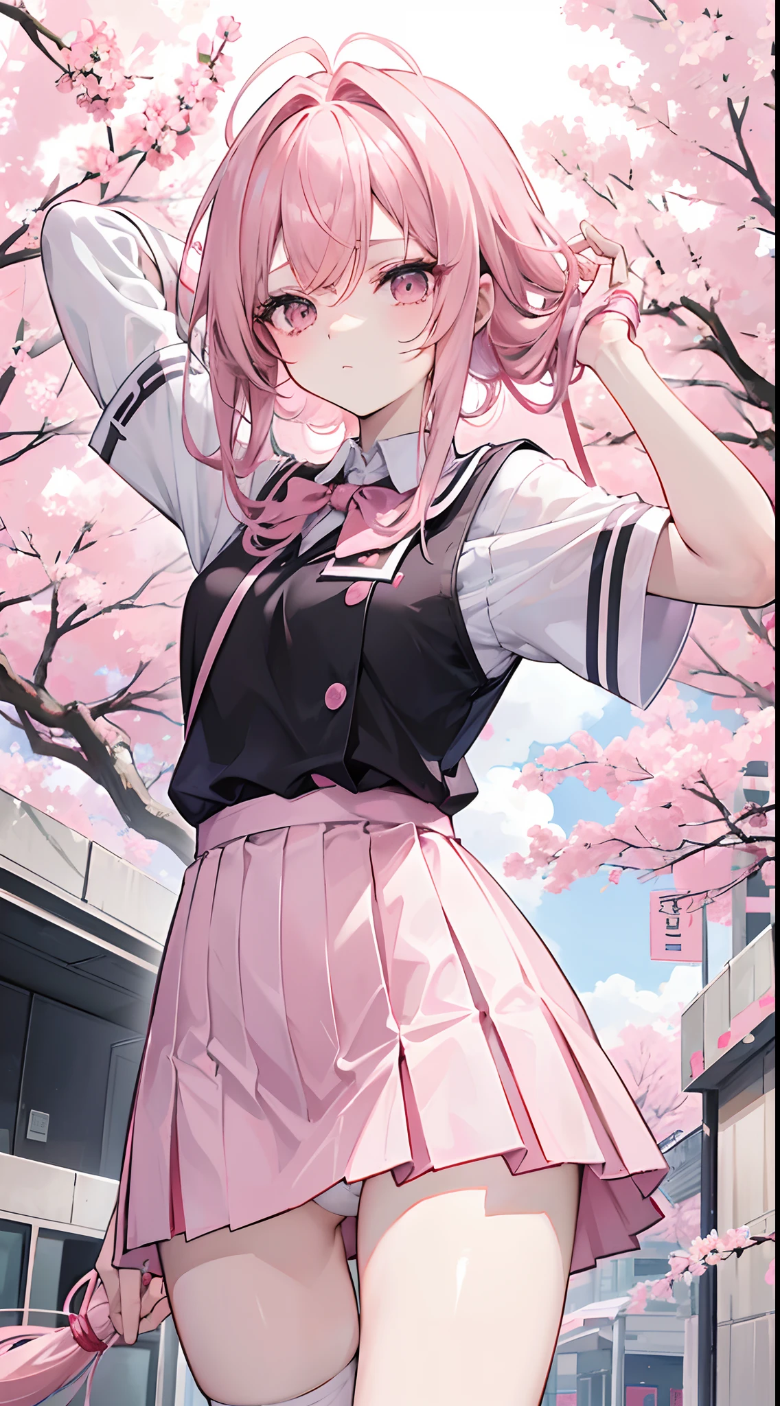 Two-dimensional anime wallpaper，Long pale pink hair，，Cherry blossom hair accessories，girl，White short-sleeved tie-style school uniform，The arm is wrapped in a bandage，Light gray miniskirt，Black panty，Bandages wrapped around his head，Medium build，The hair is somewhat messy，With a dull expression