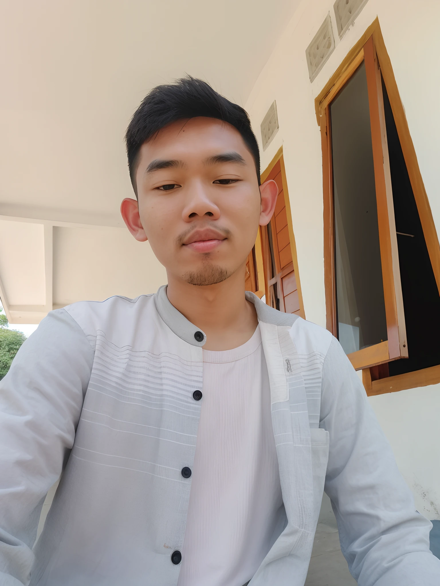 there is a man sitting on a porch with a plate of food, south east asian with round face, with accurate face, thawan duchanee, nivanh chanthara, with kind face, with round face, potrait, nuttavut baiphowongse, face picture, 8k selfie photograph, very very low quality picture