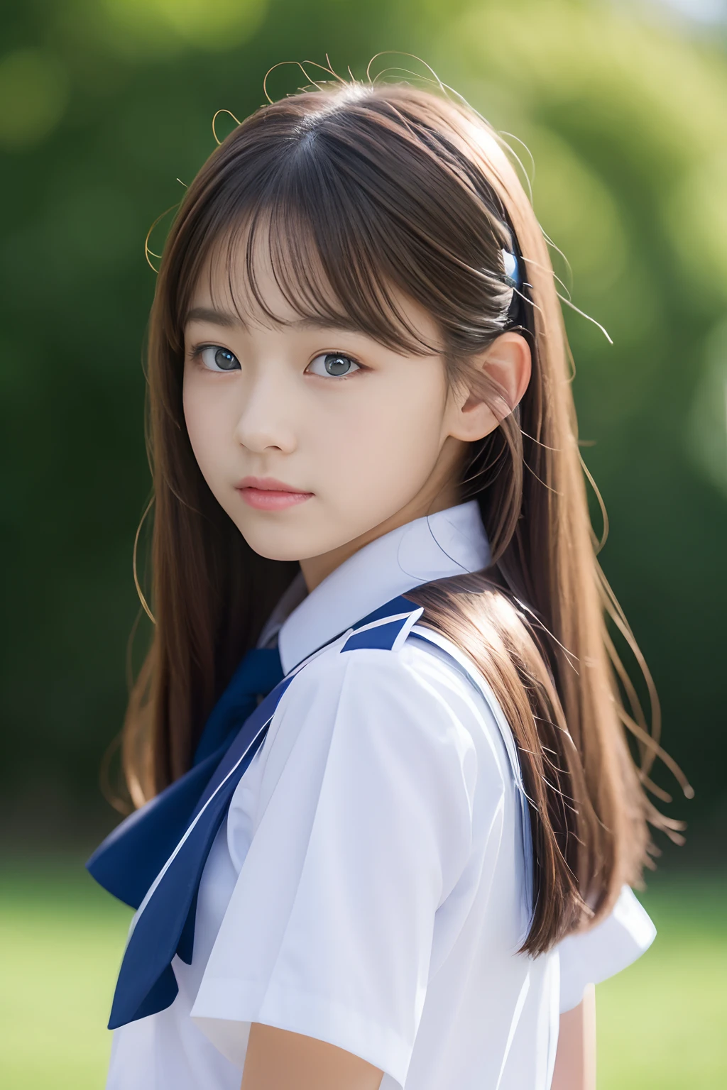 Beautiful schoolgirl in 8K in summer uniform with double eyelids is looking back