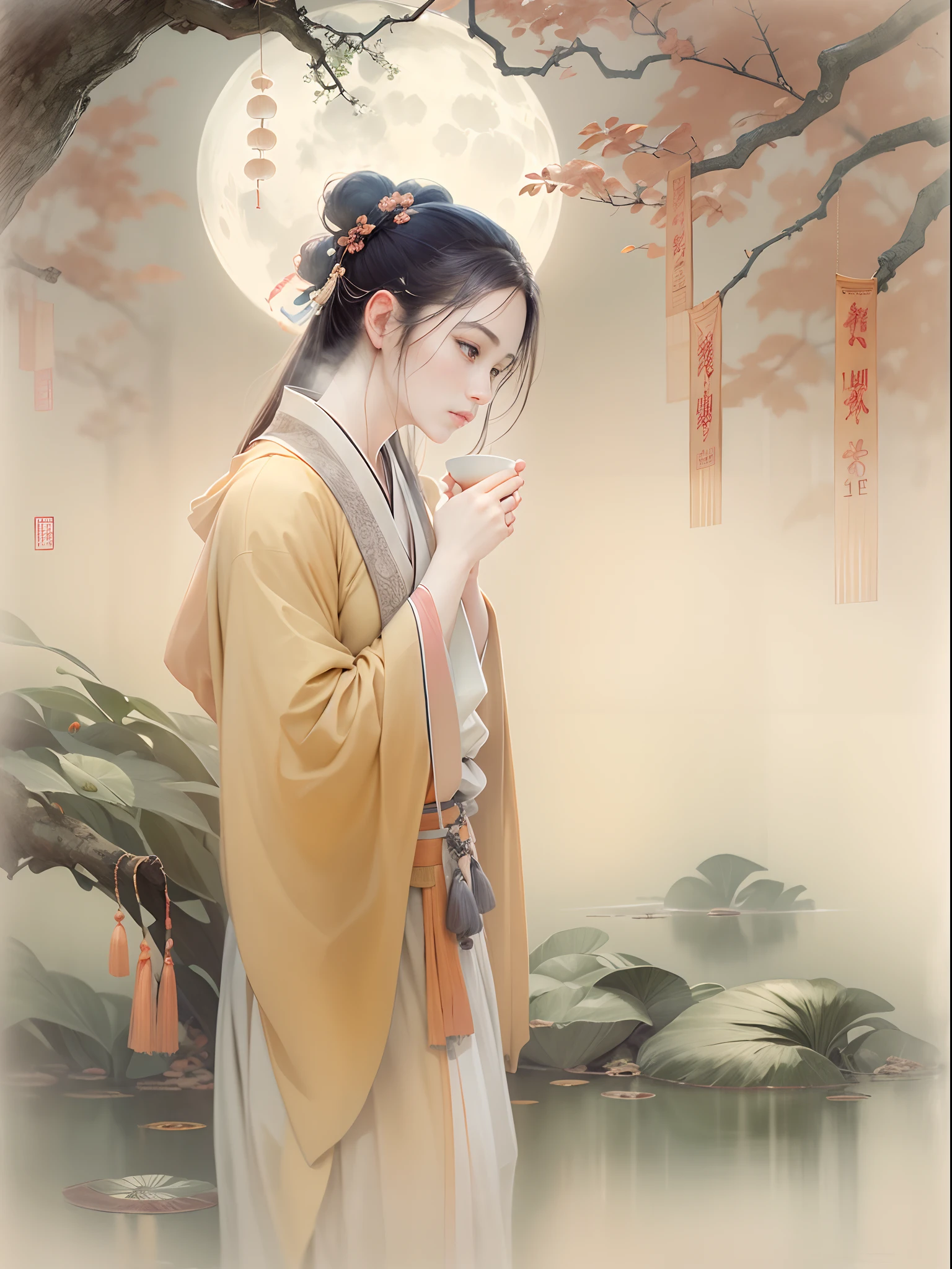 (Best quality,4K,8K,A high resolution,Masterpiece:1.2),Ultra-detailed,(Realistic,Photorealistic,photo-realistic:1.37),sportrait, Handsome teenager in a robe,mid-autumn festival,Moon worship, serene gardens, Traditional Chinese Ink Painting, Delicate brushstrokes, Soft moonlight, Graceful willow branches, Ethereal atmosphere, a serene pond, lotuses, Wisps of mist, Gentle breeze, A cup of fragrant tea, pensive expression, Flowing calligraphy, Ancient poetry, Historic elegance, Poetic charm, pastelcolor, Warm tones, subtly lit.