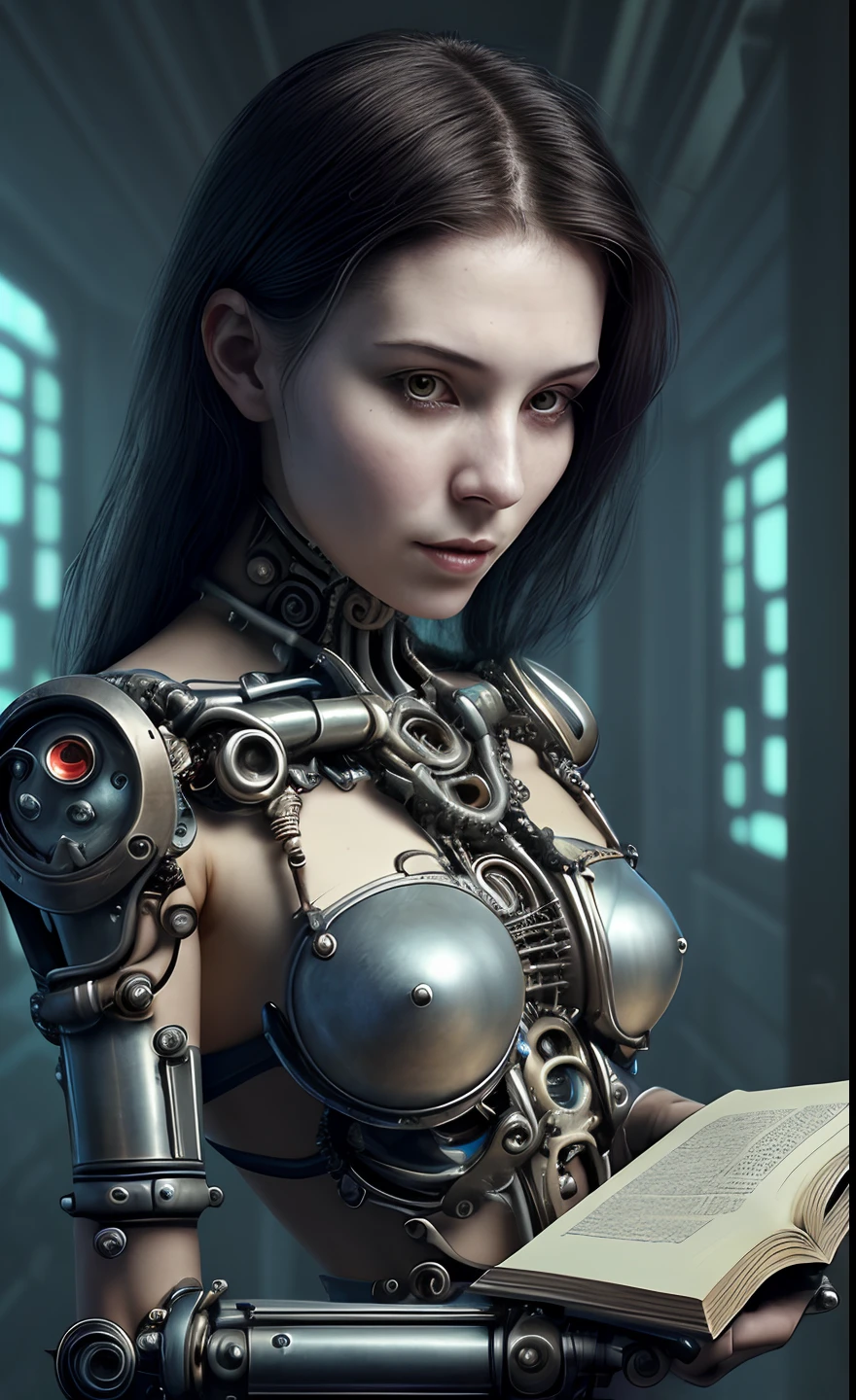 a close up of a woman with a book in her hand, memory trapped in eternal time, time does not exist anymore, bookwork woman, seductive cyberpunk dark fantasy, time shift, inter dimensional clockwork, biomechanical, sci - fi biomechanical, steampunk fiction, intricate transhuman, fantasy cyberpunk horror, twist of time, reading book, goddess of study, study, girl student , half naked, studying