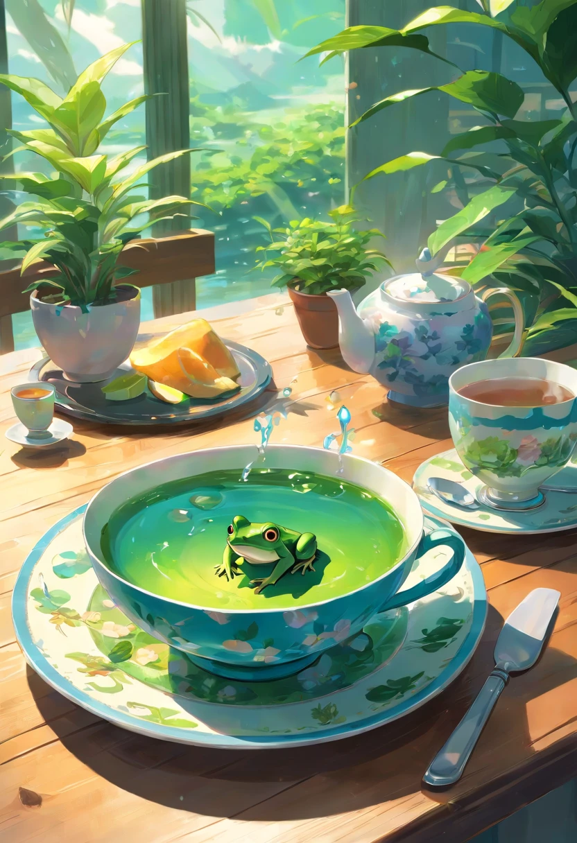 there is a frog sitting on a plate with a bowl of water, painting of an undercover cup, full color illustration, higher detailed illustration, amazing food illustration, high detailed illustration, artistic illustration, highly detailed illustration, frog themed, stylized digital illustration, a beautiful artwork illustration, vincent callebaut composition, graphic of enchanted terrarium, tea cup, surreal tea party