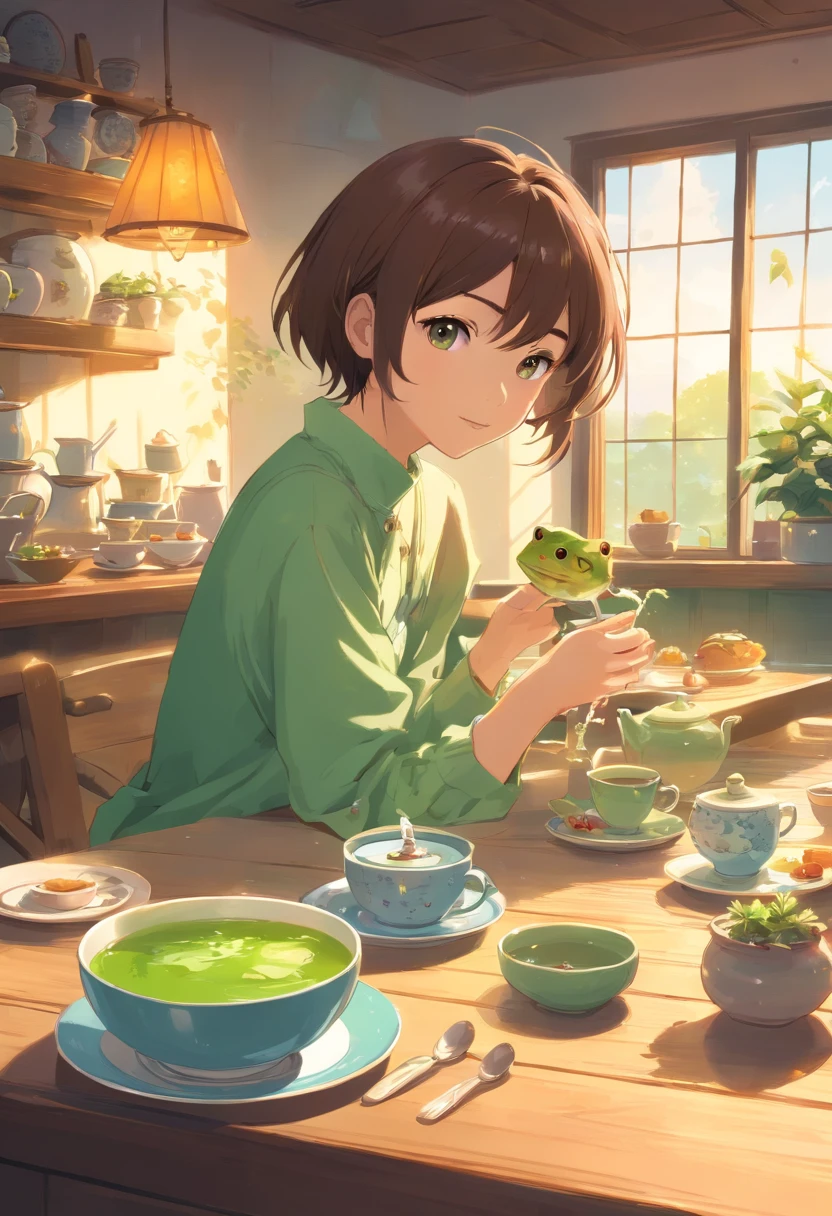 there is a frog sitting on a plate with a bowl of water, painting of an undercover cup, full color illustration, higher detailed illustration, amazing food illustration, high detailed illustration, artistic illustration, highly detailed illustration, frog themed, stylized digital illustration, a beautiful artwork illustration, vincent callebaut composition, graphic of enchanted terrarium, tea cup, surreal tea party
