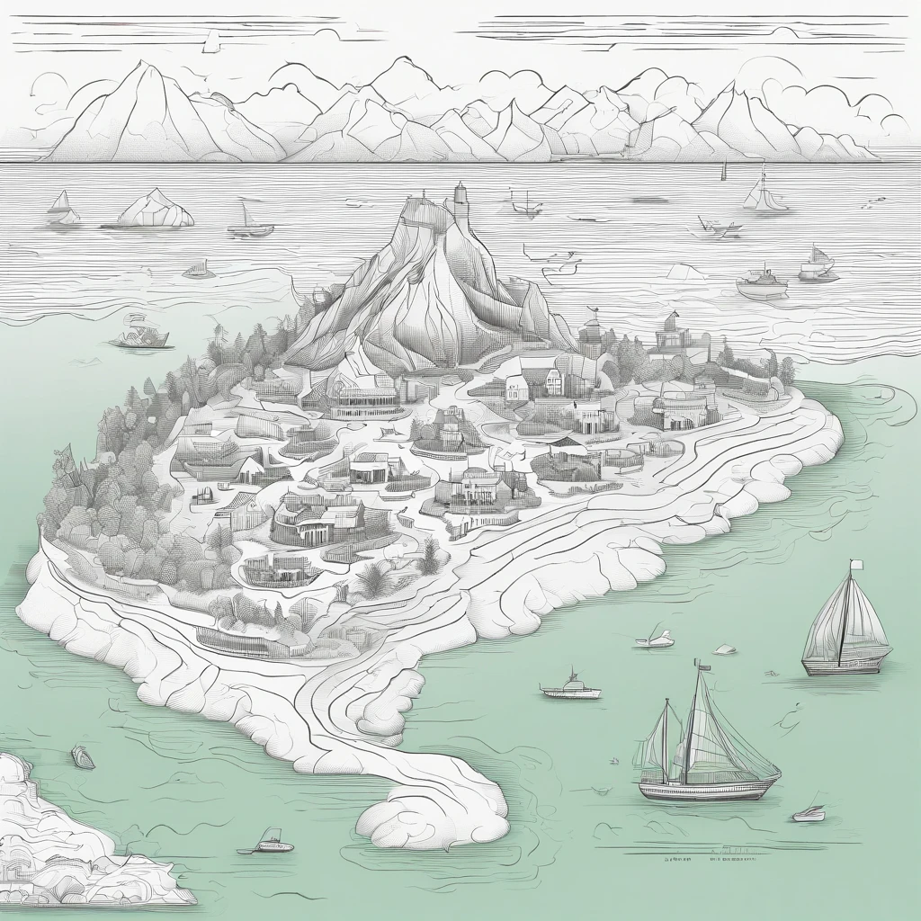 Map of a green island treasure map,There are callouts,There is a compass,There are oceans and various resources,and nautical routes,Black and white line drawing