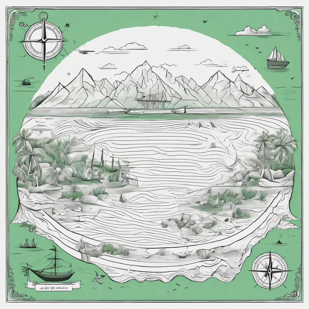 Map of a green island treasure map,There are callouts,There is a compass,There are oceans and various resources,and nautical routes,Black and white line drawing