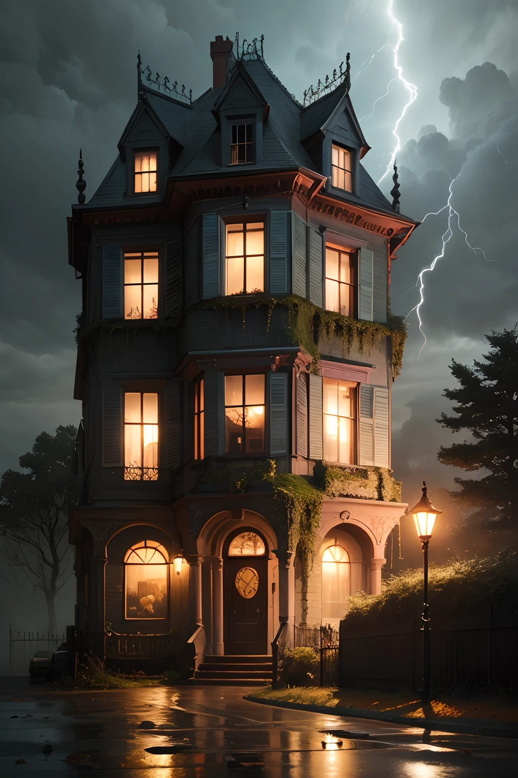 American retro halloween postcard illustration, in the style of ephemera, eccentric, super high quality, high resolution on a black background:: Ramshackle and decaying Victorian Mansion on a ((storm swept hill)) in autumn, lightning in the sky, (lit jack'o'lanterns on the porch), blowing leaves, sinister, rain, heavy fog, gothic feel, ivy creeping up walls, old broken stone stairs leading up hill to the mansion, some broken windows, chaotic sky, large crooked trees with overhanging branches, attic lights out, strange shadows, crows perched on roof, old wrought-iron fence, ((Ornate postcard border)), odd camera perspective
