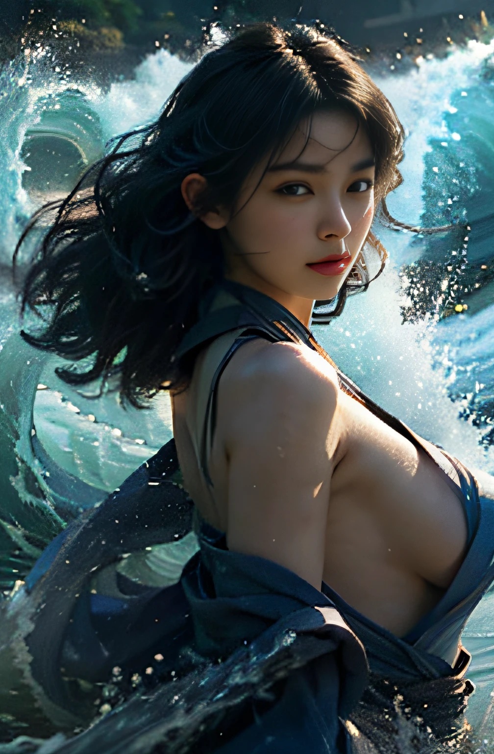 (masterpiece:1.2), ultra detailed, ultra high res, (realistic, photo realistic:1.37), high detail RAW color photo, professional photograph, an extremely delicate and beautiful, extremely detailed, finely detail, huge file size, extremely detailed beautiful girl, extremely detailed face, extremely detailed eyes, extremely detailed skin, extremely detailed nose, extremely detailed mouth, perfect anatomy, highly detailed background, shiny skin, (Japanese famous actress:1.35), (gyaru:1.1), flat chest, (kimono, bare shoulders:1.2), (flat chest), dynamic Pose, cinematic lighting, looking at viewer, (nsfw), lens flare, (yushui, water, waves:1.4)