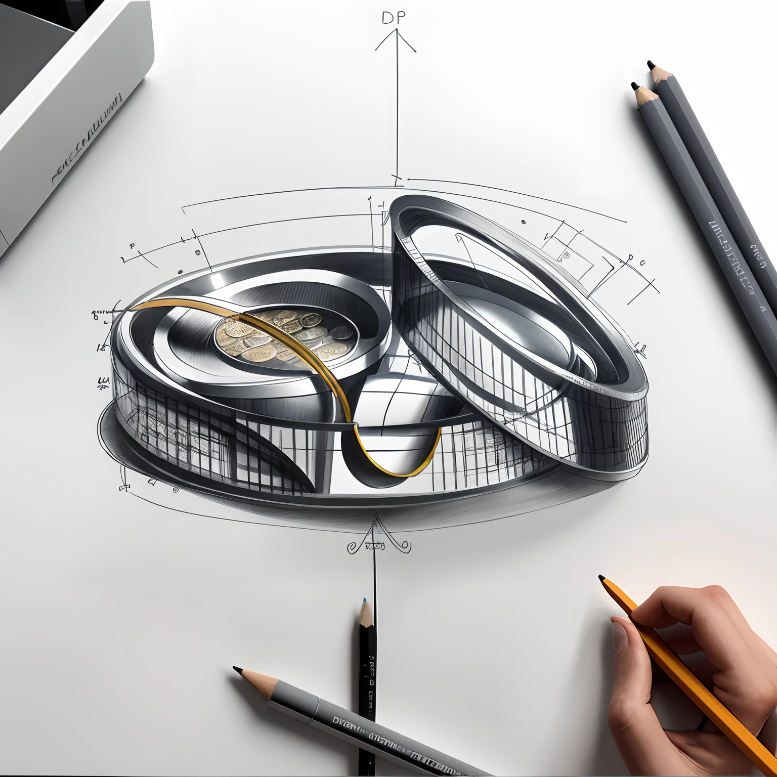 drawing of a stack of coins with a sign above it, technical sketch, sketch of oculus rift, dissection sketch, industrial design blueprint, concept drawing, concept sketch, detailed technical drawing, prop design, drawn on paper, object concept art, torchlight. sketch, technical drawings, round design, rough sketch, concept illustration, found schematic in a notebook