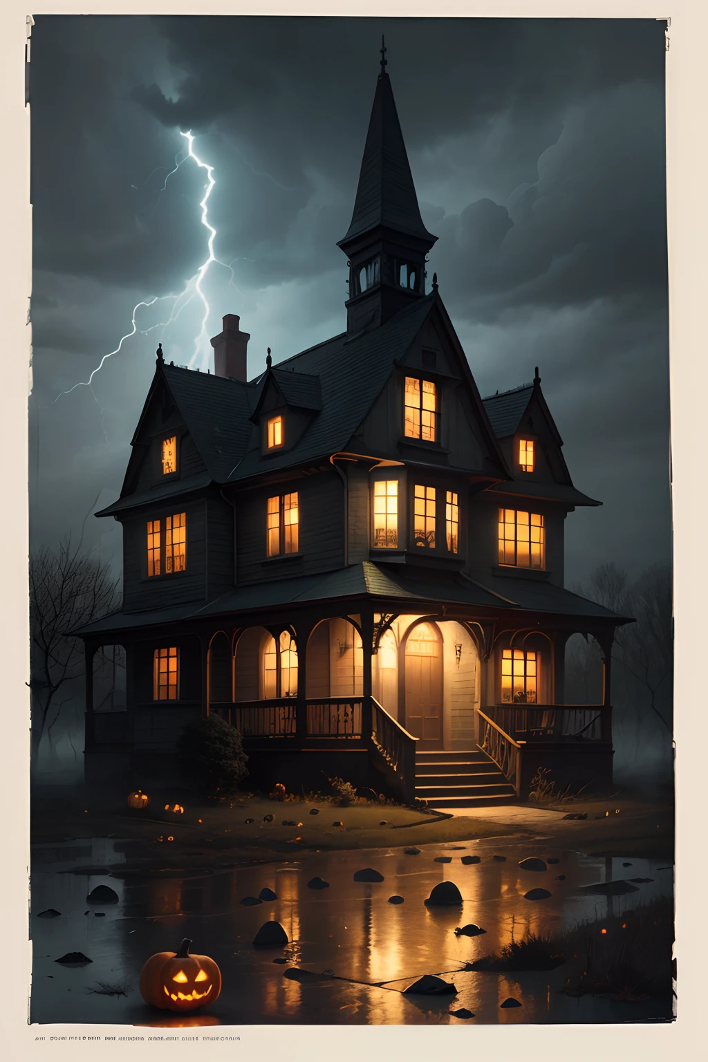 American retro halloween postcard illustration, in the style of ephemera, eccentric, super high quality, high resolution on a black background:: Ramshackle and decaying Victorian Mansion on a ((storm swept hill)) in autumn, lightning in the sky, lit jack'o'lanterns on the porch, blowing leaves, sinister, rain, heavy fog, gothic feel, chaotic sky
