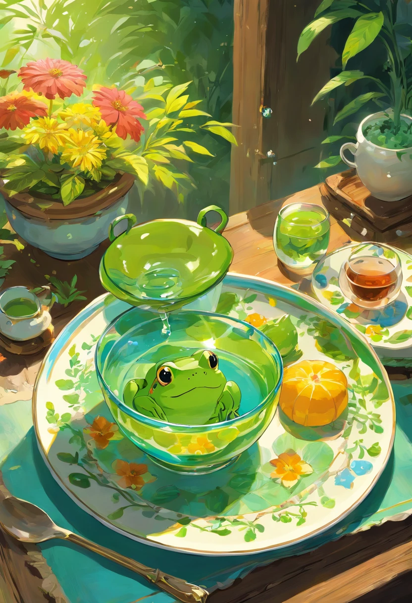 there is a frog sitting on a plate with a bowl of water, painting of an undercover cup, full color illustration, higher detailed illustration, amazing food illustration, high detailed illustration, artistic illustration, highly detailed illustration, frog themed, stylized digital illustration, a beautiful artwork illustration, vincent callebaut composition, graphic of enchanted terrarium, tea cup, surreal tea party