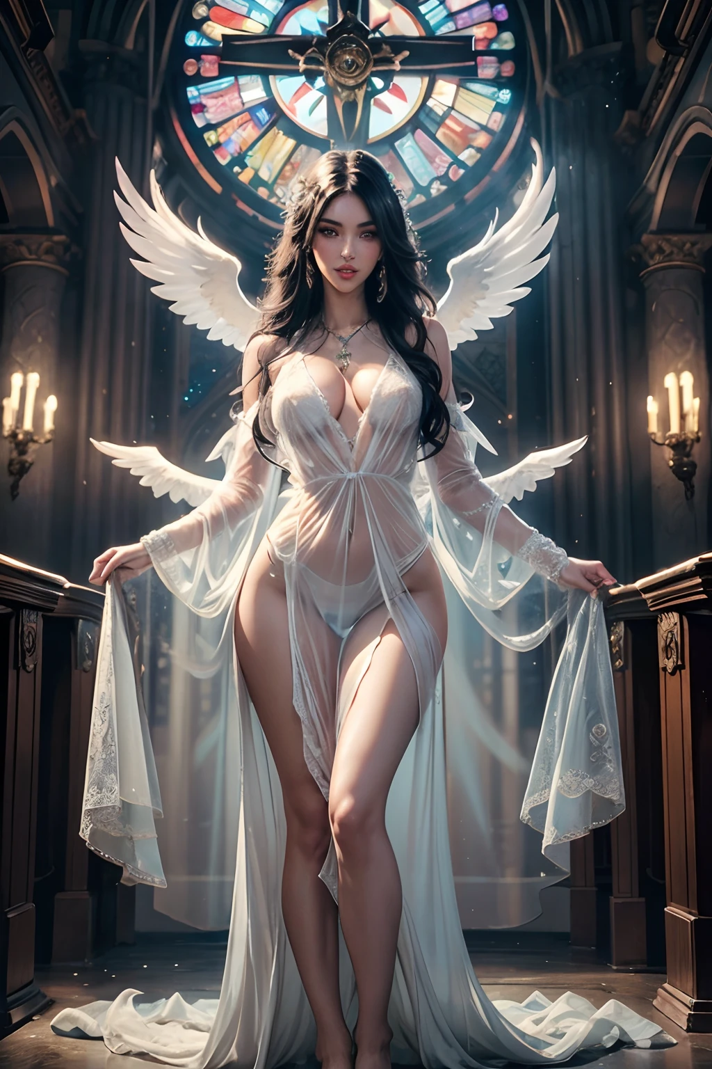 An girl with a graceful figure, beautiful anime portrait, around her, super delicate, in line with common sense.
masterpiece, high quality best quality, 2girl, Megan Fox as a sexy catholic woman. Religious. Holy crosses.Crosses. she is wearing a sluty conservative catholic girl  uniform. Lingerie, nightgown,  silky sotckings. She is crying and scared. The second girl is Kim Kardashian is on the catholic cross in the background. Angel wings, halo, soft feelings.
Religion tattoos.  Bright wild eyes
Strong bimbo body. Heavy makeup.
Dynamic lighting. Dramatic angle.
8k, masterpiece, RAW photo, best quality, photorealistic, extremely detailed CG unity 8k wallpaper, Depth of field, Cinematic Light, Lens Flare, Ray tracing, (extremely beautiful face, beautiful lips, beautiful eyes), intricate detail face, ((ultra detailed skin)) dark, deep shadow, pretty,(very slim slender fit-muscled body:1.3), ((looking at viewer)),(big smile:1.3), (church), (religious), pretty girl, earrings, bracelets, necklace, clear eyes, pov , front shot, (pale skin), (big eyes), ((full body shot)), ((see-through color sleep gown:1.3)), (looking at viewer:1.3), (laced panty), open breast, large soft breasts, have a sheen , (See through, sleeping gown :1.3)
Michelangelo art sytle.style.
Large angel winds. Large detailed halo. She is smiling with big lips. Crosses everywhere.