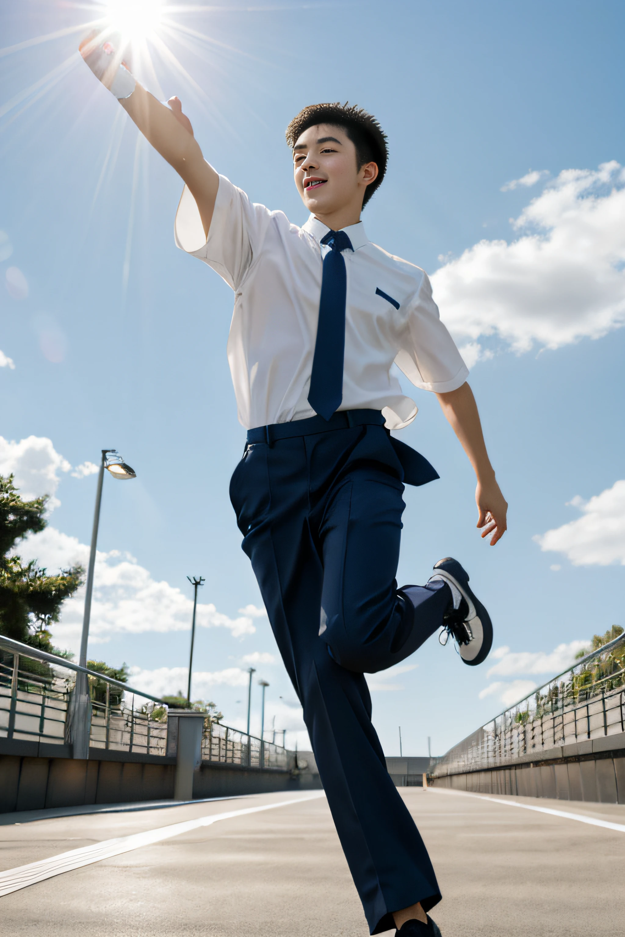 18-year-old boy, having fun，Boy in pants and tie holding a bottle of water, Open your hands，Boy running, The boy was running, raise leg, Wearing a Japanese school uniform, Japanese school uniform, Correr libremente, On a sunny day, seifuku, Sunny sky, Sunny environment, um dia ensolarado,