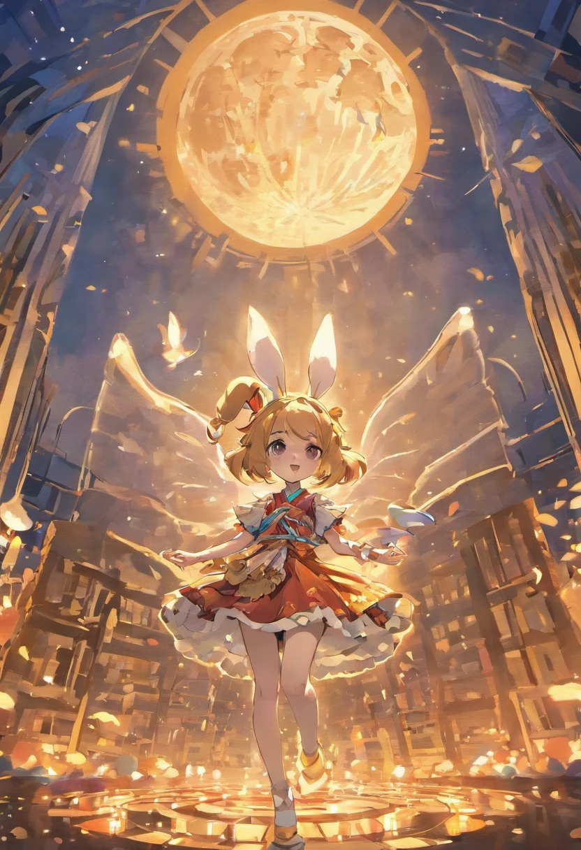 Mid-Autumn Festival, a lovely fairy, dressed in ancient Chinese clothes, and a rabbit playing beside the girl, moon cakes, auspicious clouds, behind a huge moon, warm colors, abstract pictures, Pixar style, 3D effects, Disney style, clear outline light, edge light, fantasy, spot light, 8k --ar 9:16 --q 0.5 50 --niji 5, rabbit ears, surrealism, chiaroscuro, high details --s 2