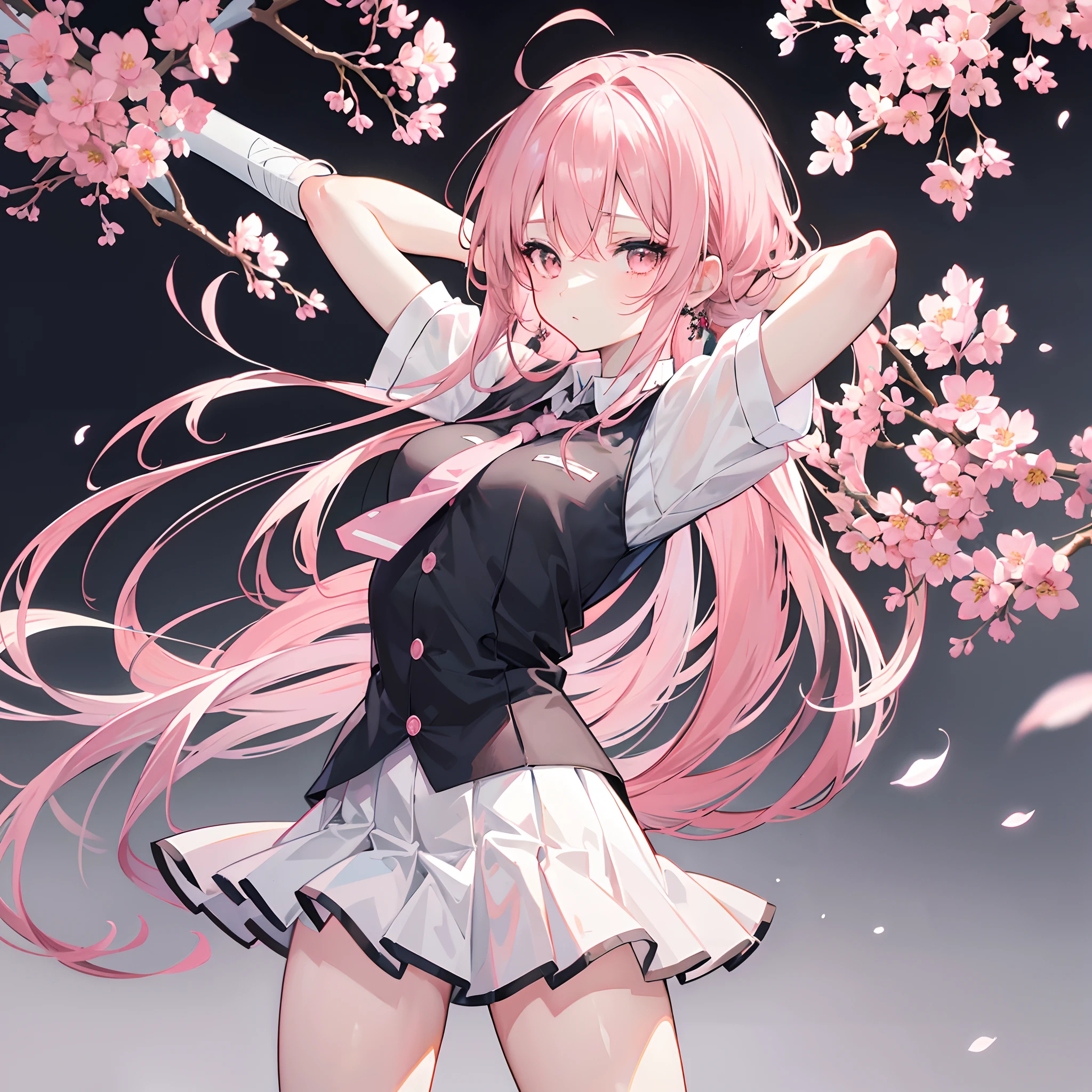 Two-dimensional anime wallpaper,Long pale pink hair,,Cherry blossom hair accessories,girl,White short-sleeved tie-style school uniform,The arm is wrapped in a bandage,Light gray miniskirt,Black panty,Bandages wrapped around his head,Medium build,The hair is somewhat messy,With a dull expression
