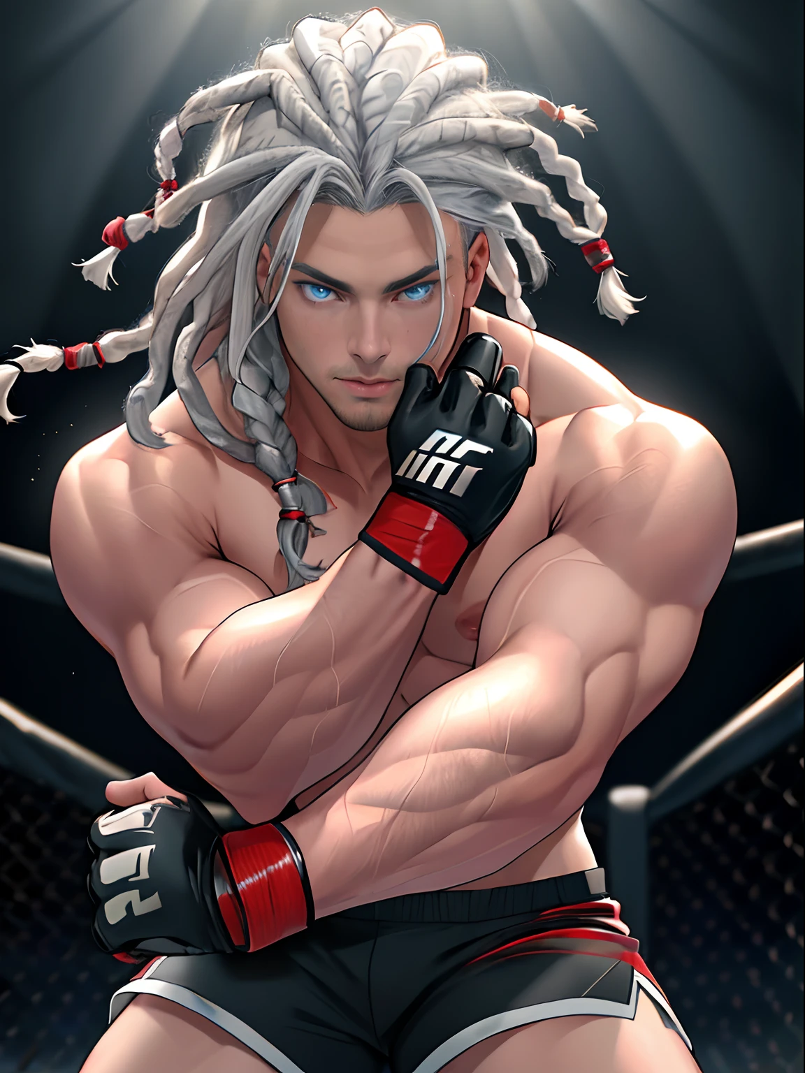 high res, 4k, 8k, masterpiece, sole_male, young, handsome, silver dreadlocks hair, perfect face, detailed eyes and face, blue eyes, muscular, fighting pose, topless, MMA shorts, MMA gloves, MMA UFC, fighting ring atmosphere, dynamic lighting, high res, 4k, 8k, masterpiece