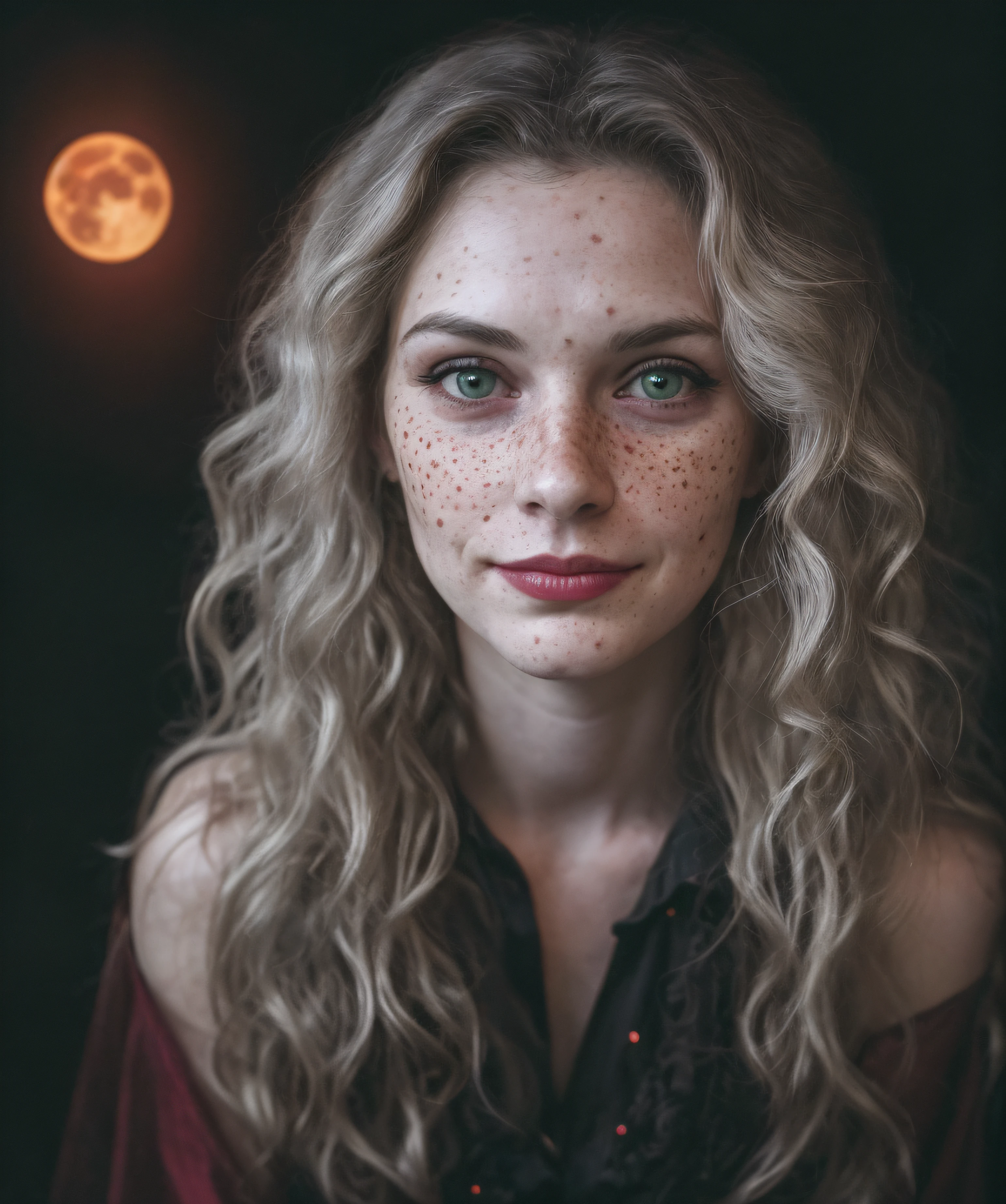 (close-up, editorial photograph of a 30 year old woman), (highly detailed face:1.4) (smile:0.7) (background inside dark, moody, private study:1.3) POV, by lee jeffries, nikon d850, film stock photograph ,4 kodak portra 400 ,camera f1.6 lens ,rich colors, hyper realistic ,lifelike texture, dramatic lighting , cinestill 800, wavy hair, messy hair, curls, smirk, malicious smile, mischeveous face, evil smile, devil expression, silver hair, green eyes, freckles, pale skin, thelema, goddess, Babalon, Lilith, goddess of magic, goddess of the night, astral plane, scarlet woman, masterpiece, full body, witchcraft, red full moon, translucent cloak with stars