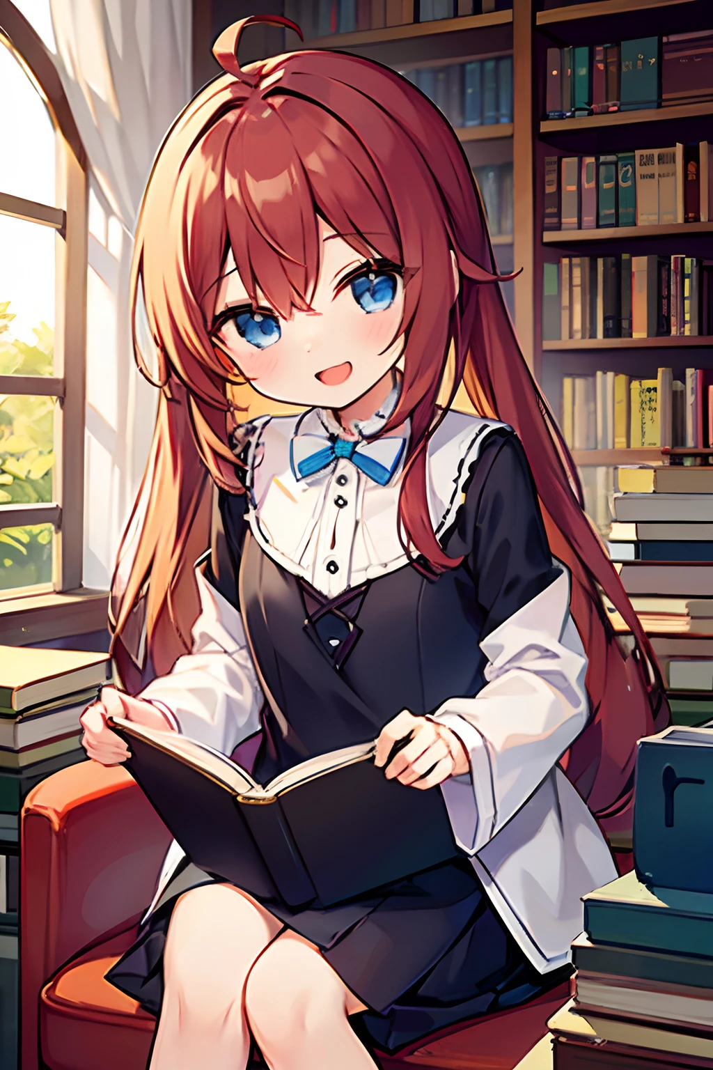 1girl, young girl, masterpiece, high quality, red hair, long hair, straight hair, pony tail, blue eyes, in the library, with many books, reading a book, wearing a white blouse, bright, happy